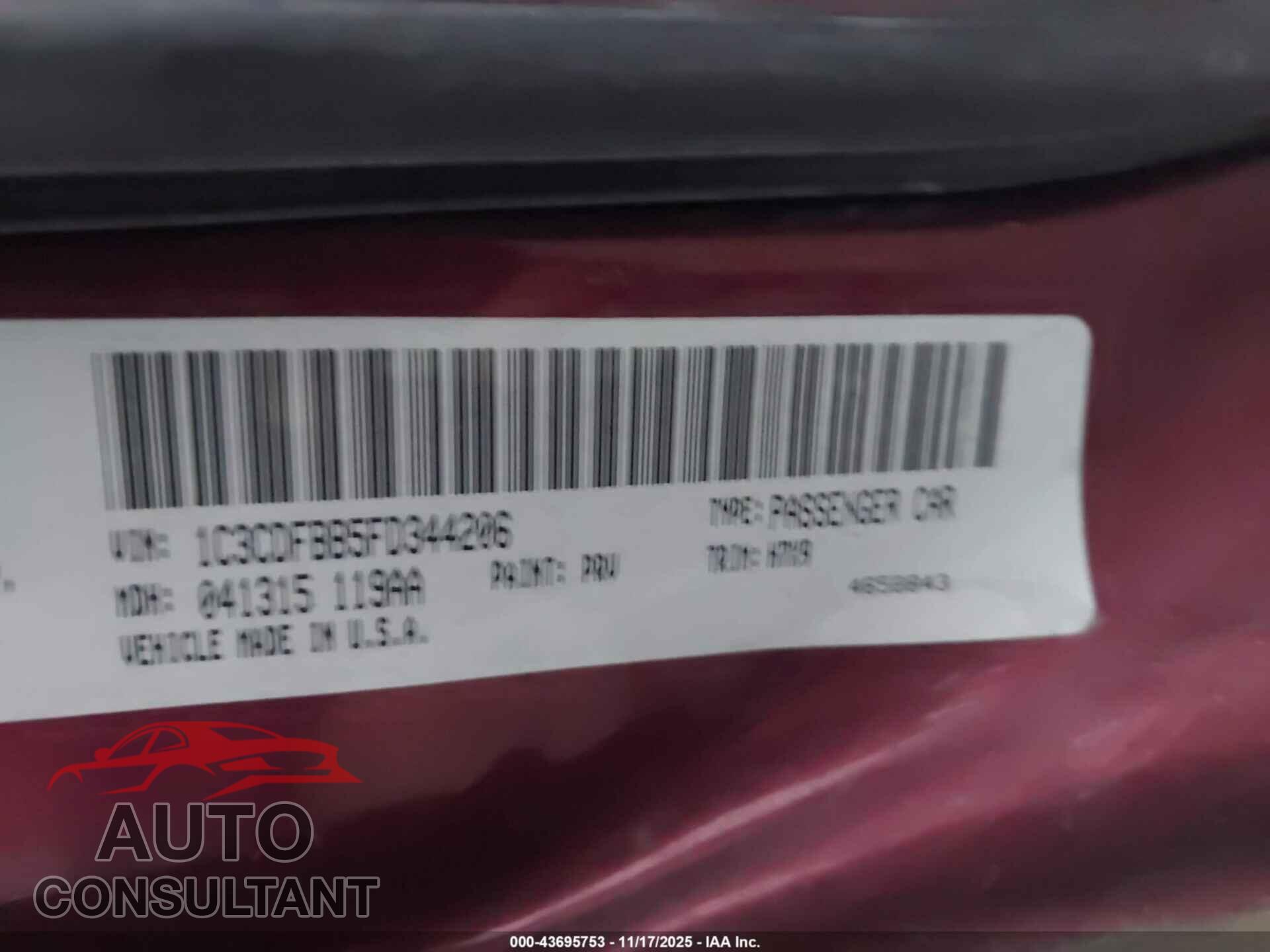 DODGE DART 2015 - 1C3CDFBB5FD344206