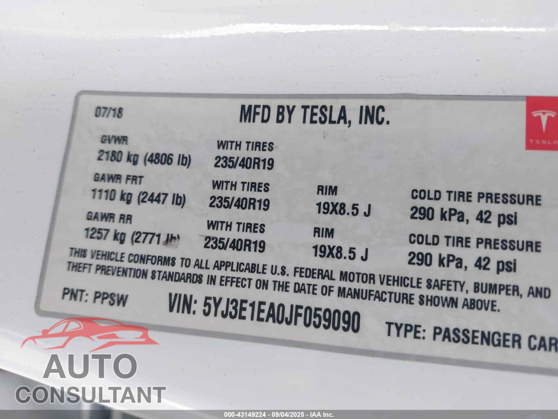 TESLA MODEL 3 2018 - 5YJ3E1EA0JF059090