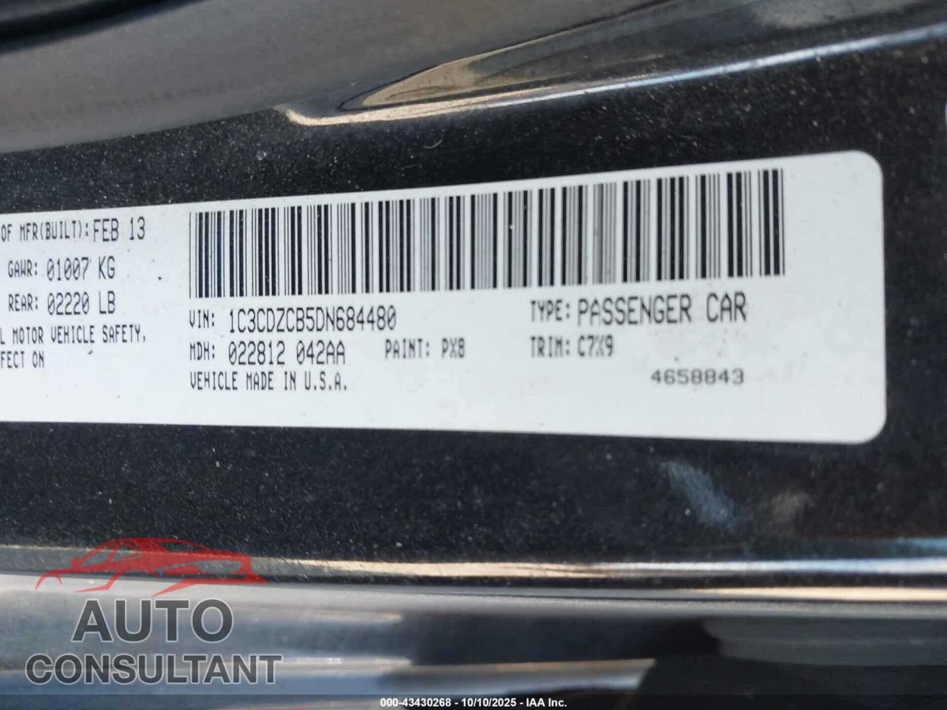DODGE AVENGER 2013 - 1C3CDZCB5DN684480