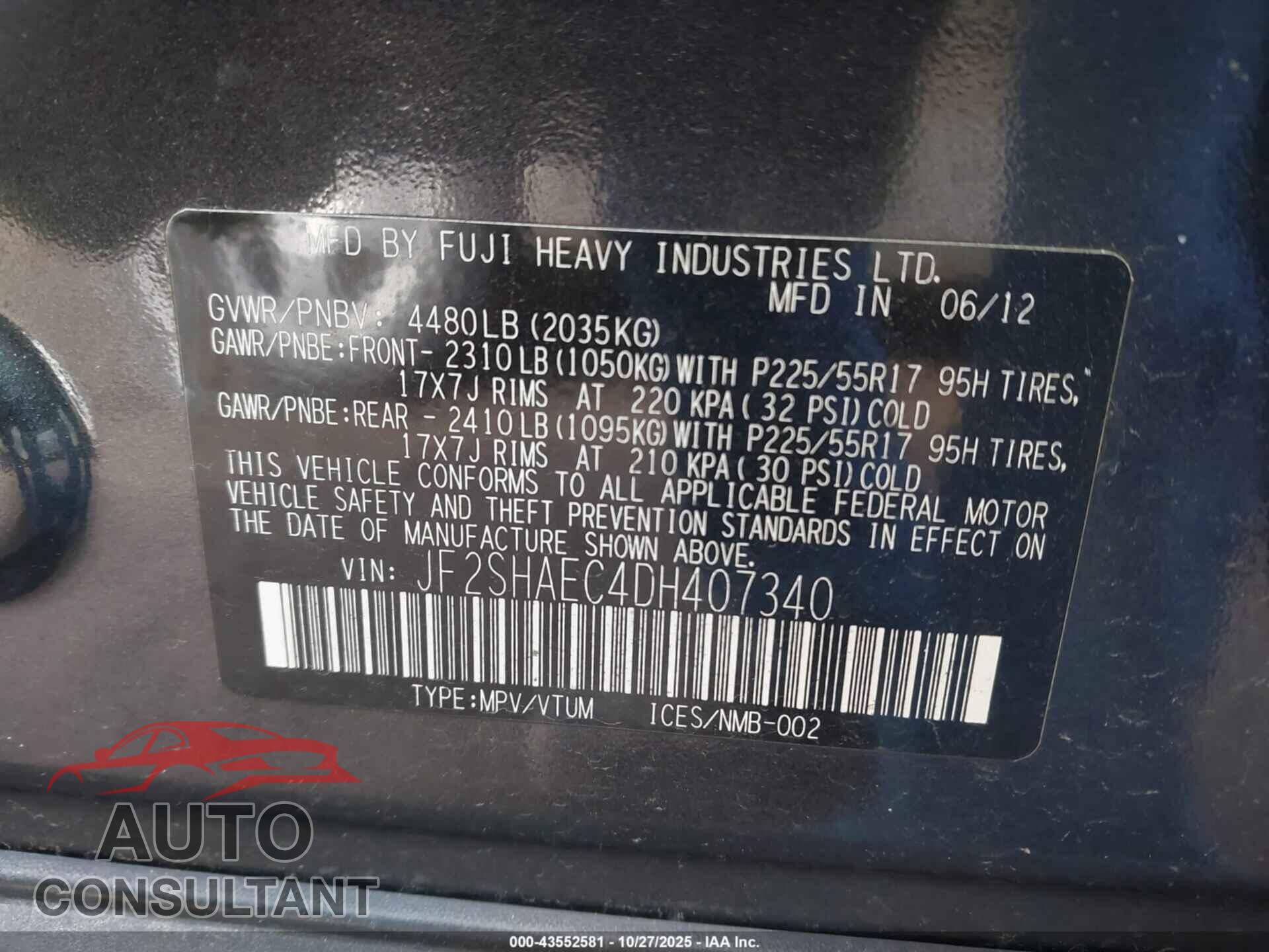 SUBARU FORESTER 2013 - JF2SHAEC4DH407340