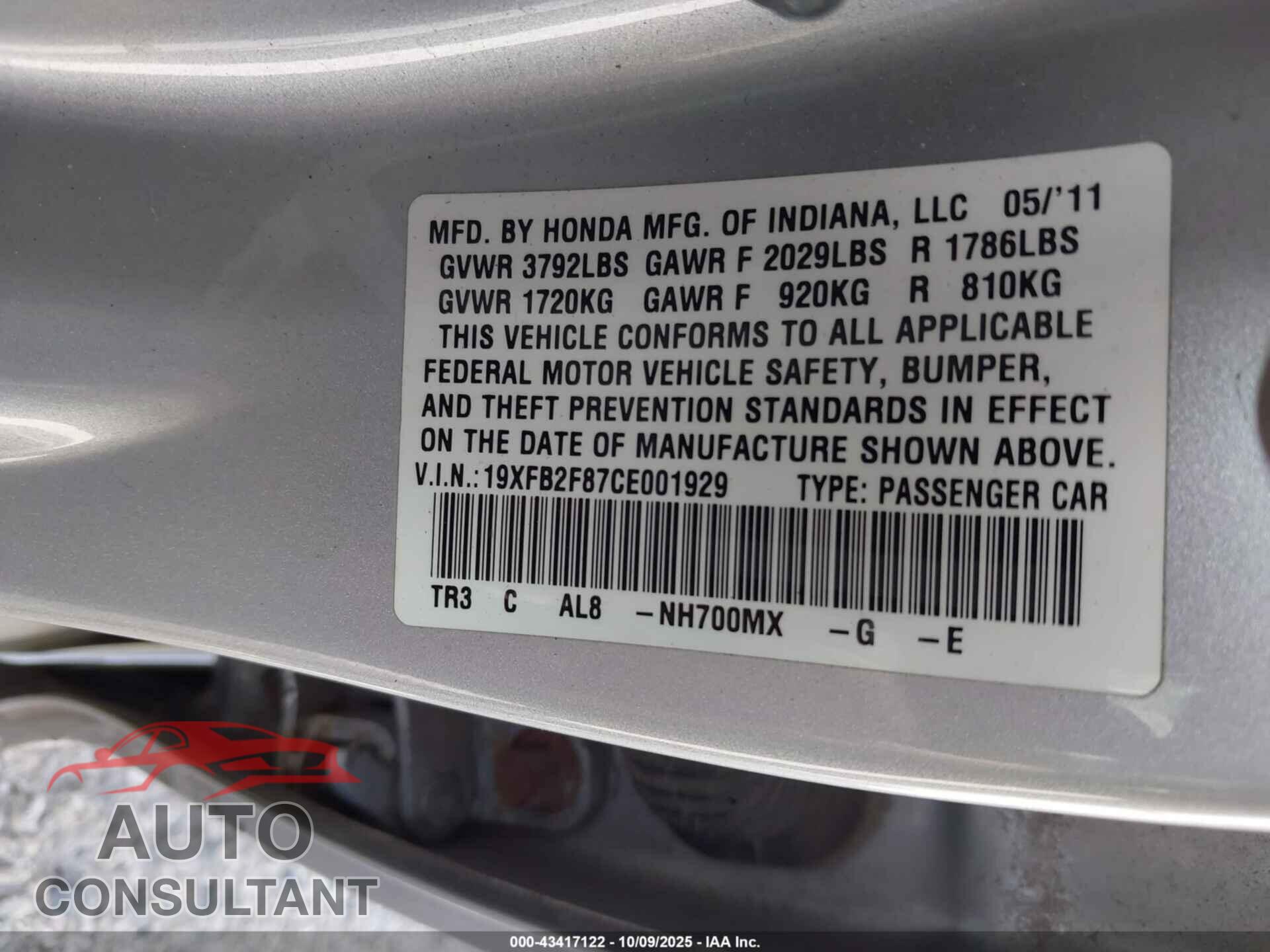HONDA CIVIC 2012 - 19XFB2F87CE001929