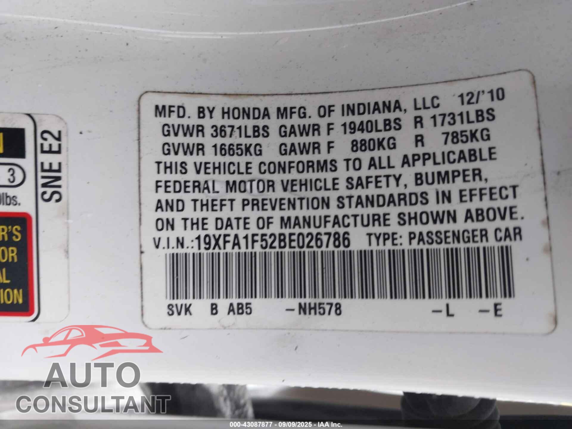 HONDA CIVIC 2011 - 19XFA1F52BE026786