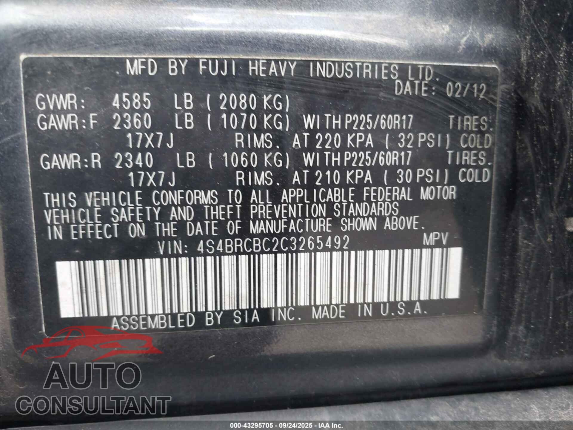 SUBARU OUTBACK 2012 - 4S4BRCBC2C3265492