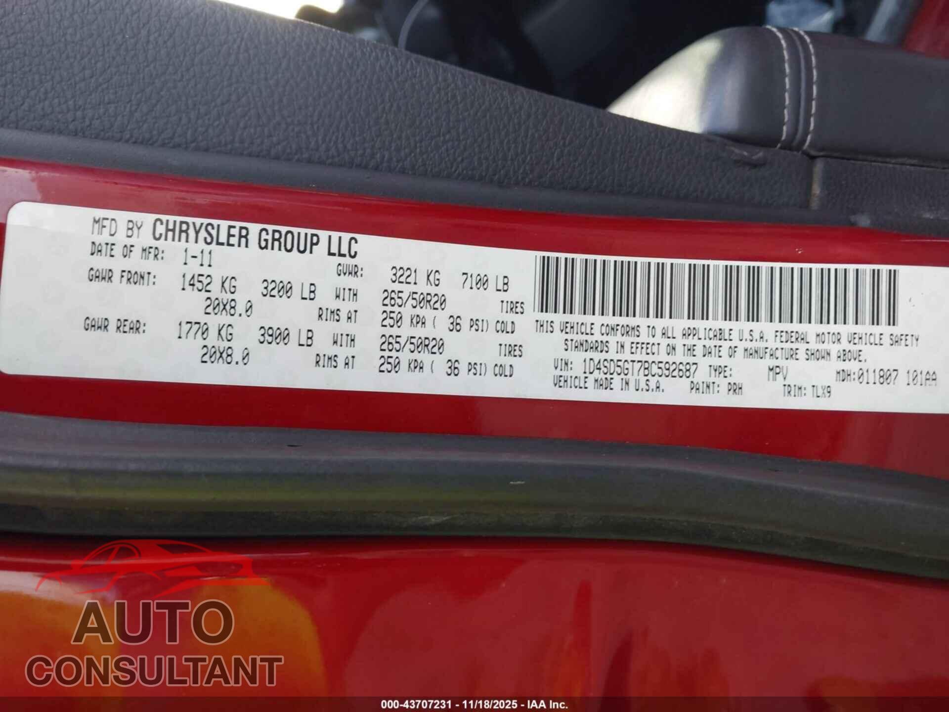 DODGE DURANGO 2011 - 1D4SD5GT7BC592687