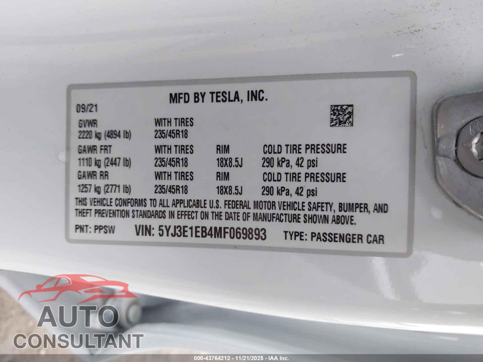 TESLA MODEL 3 2021 - 5YJ3E1EB4MF069893