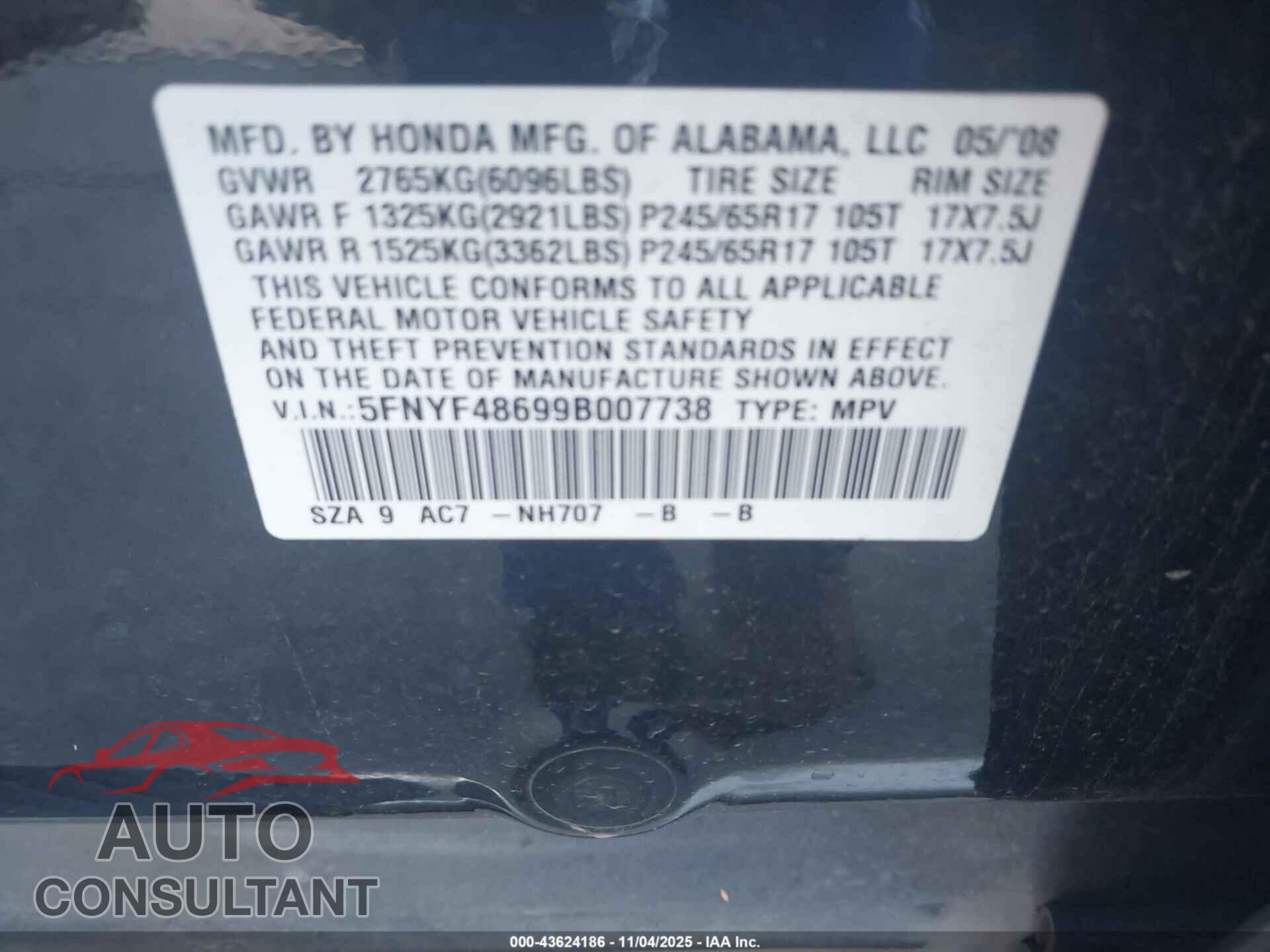 HONDA PILOT 2009 - 5FNYF48699B007738