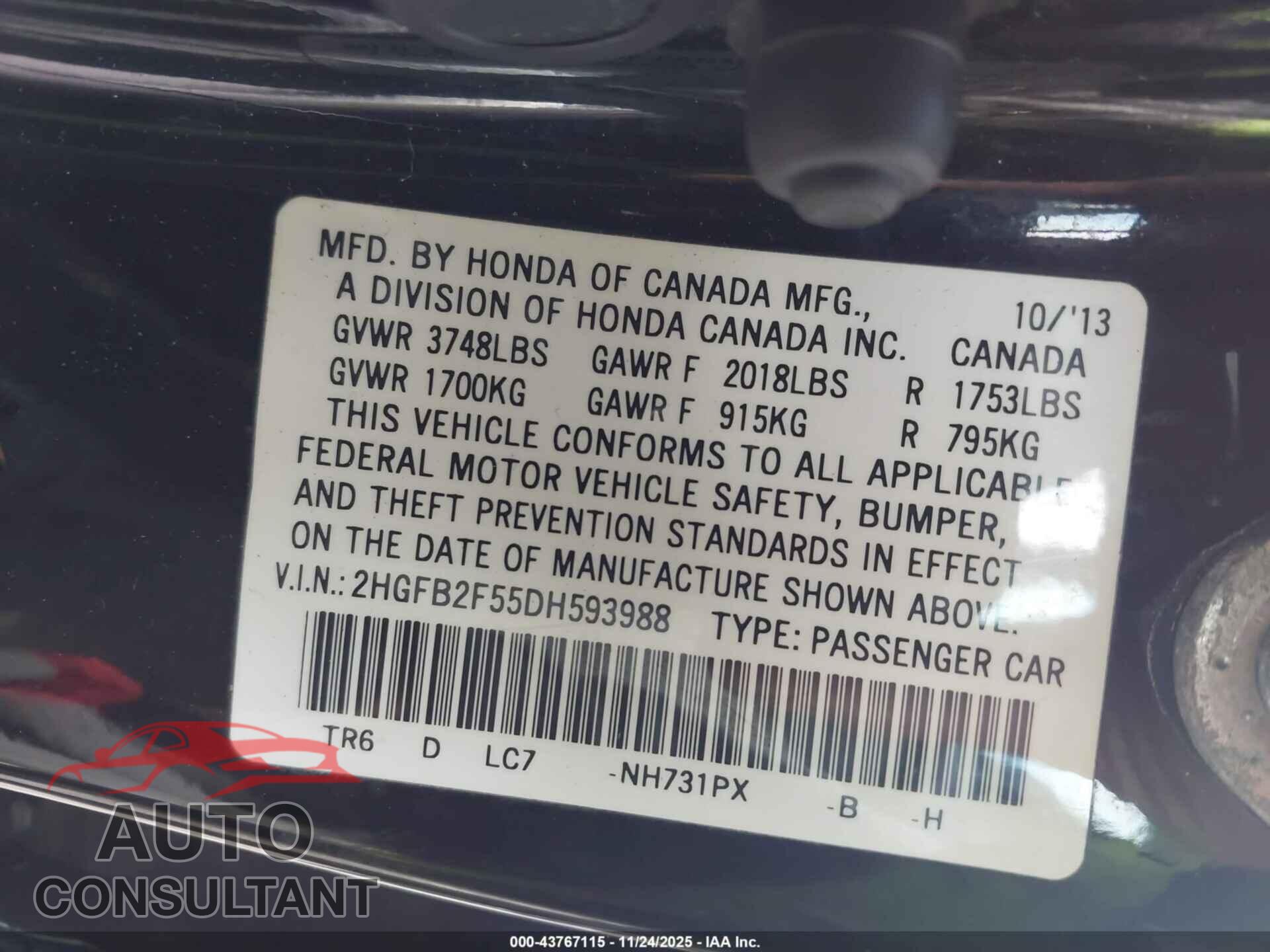 HONDA CIVIC 2013 - 2HGFB2F55DH593988