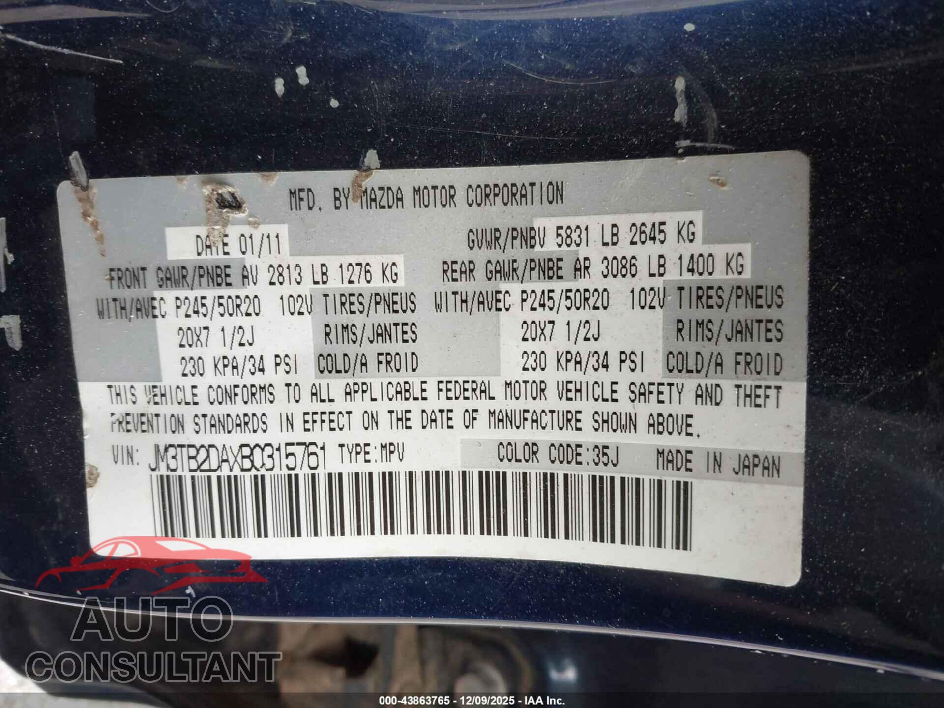 MAZDA CX-9 2011 - JM3TB2DAXB0315761