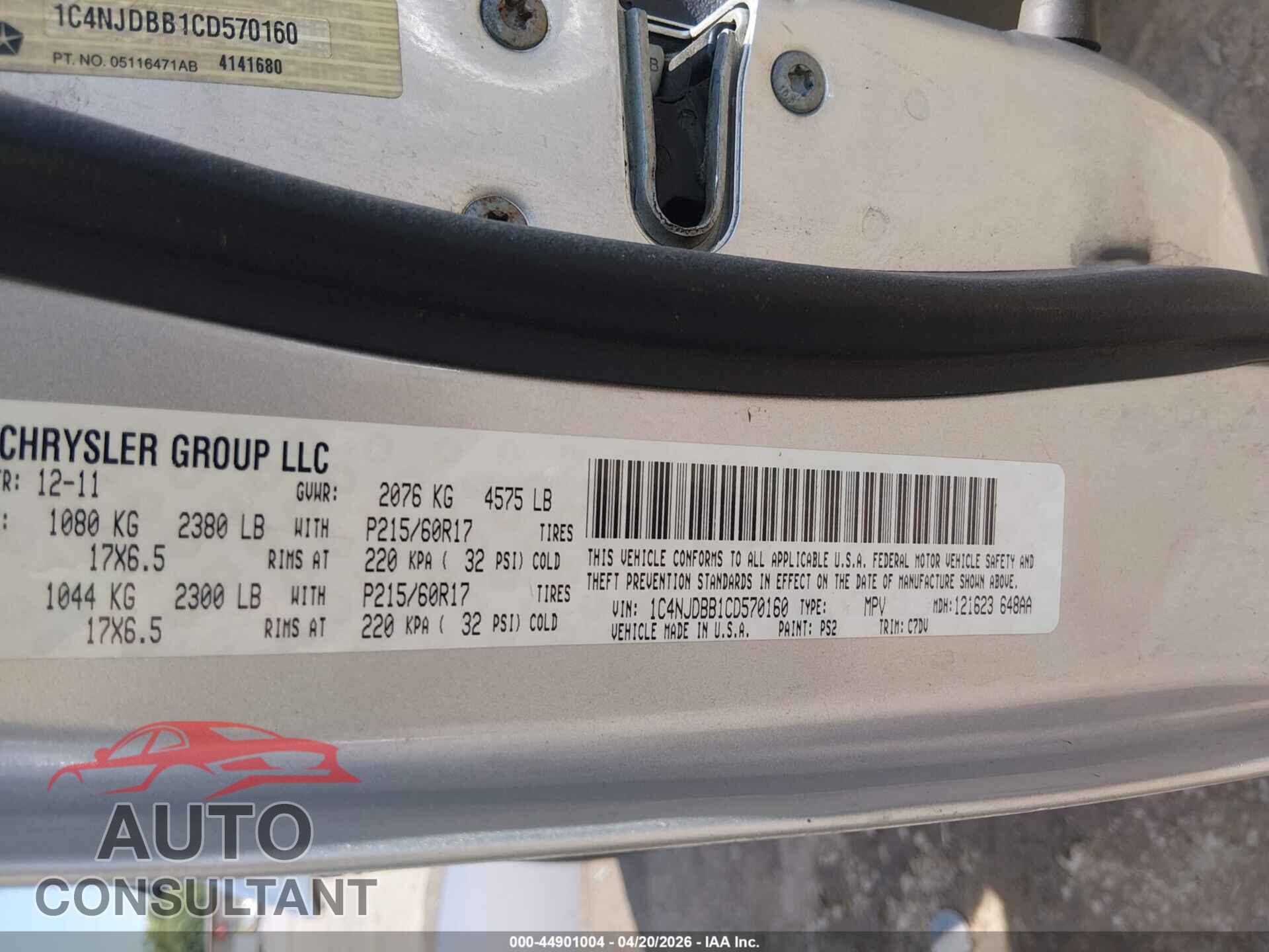 JEEP COMPASS 2012 - 1C4NJDBB1CD570160