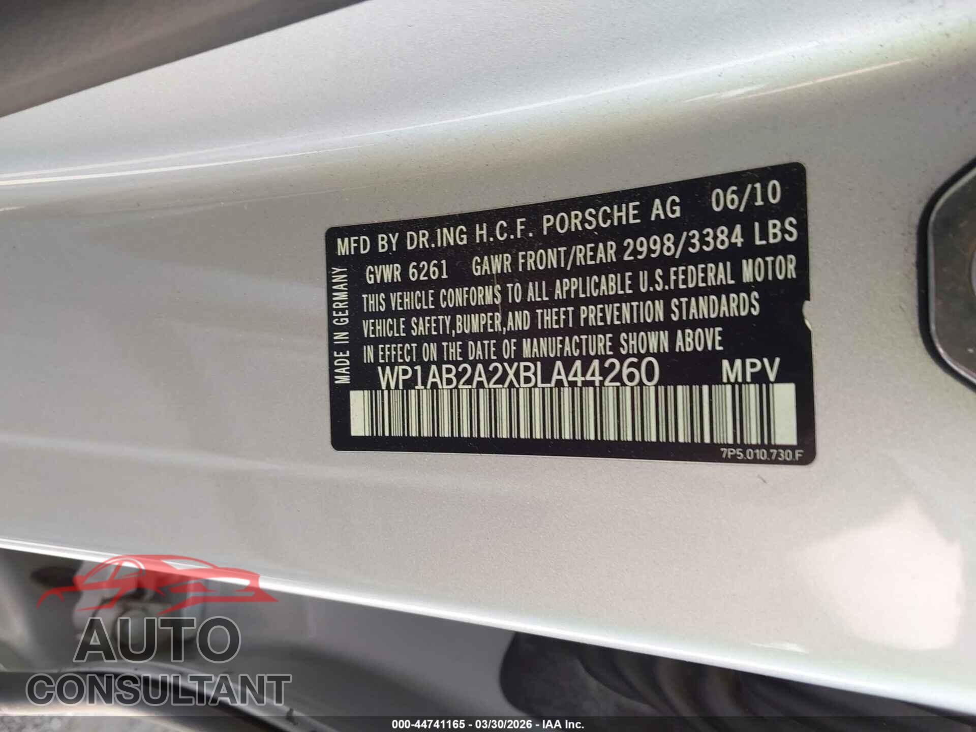 PORSCHE CAYENNE 2011 - WP1AB2A2XBLA44260