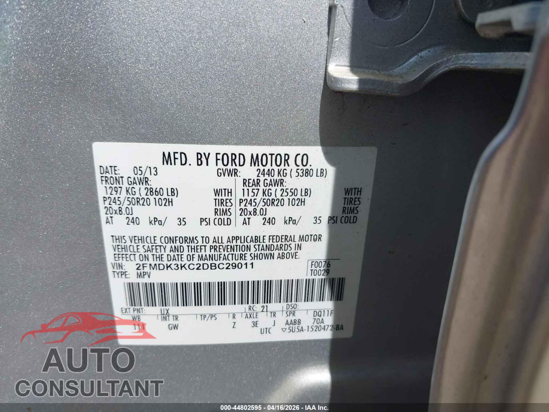 FORD EDGE 2013 - 2FMDK3KC2DBC29011