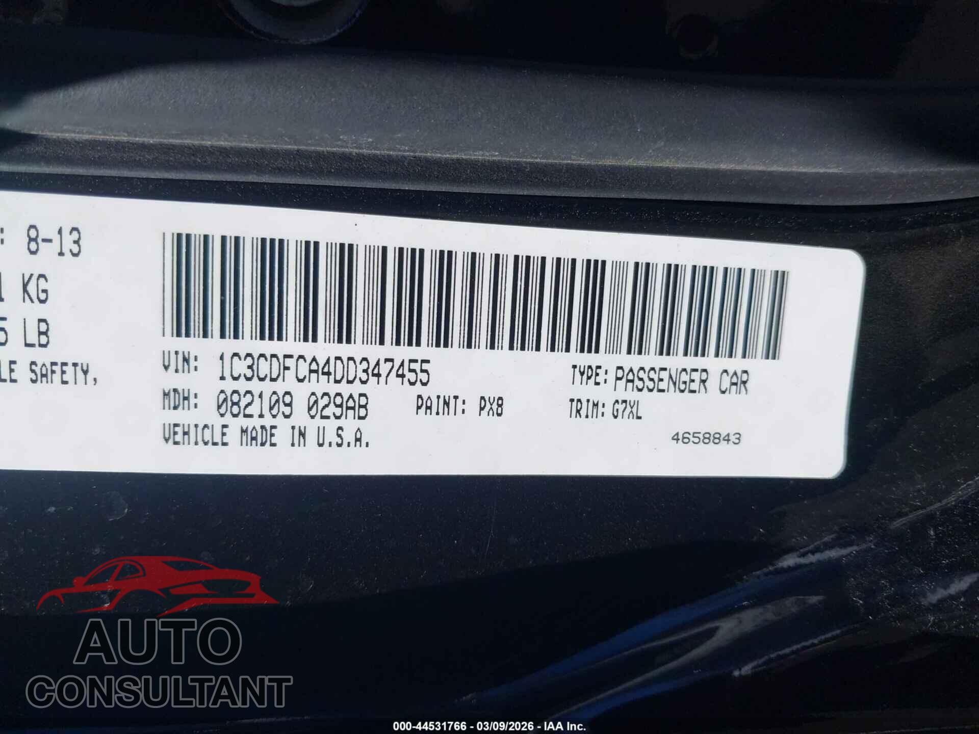 DODGE DART 2013 - 1C3CDFCA4DD347455