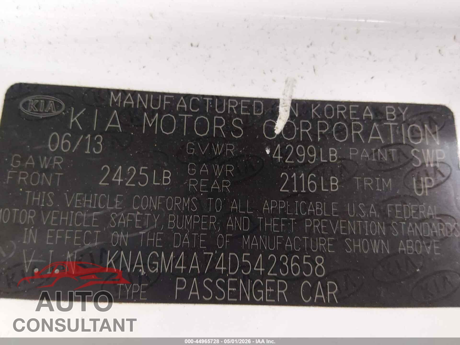 KIA OPTIMA 2013 - KNAGM4A74D5423658