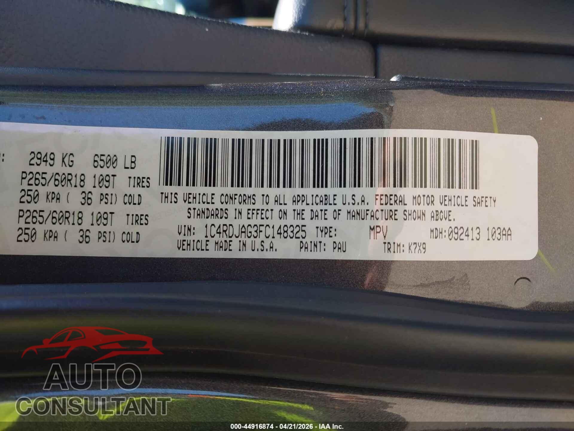 DODGE DURANGO 2015 - 1C4RDJAG3FC148325