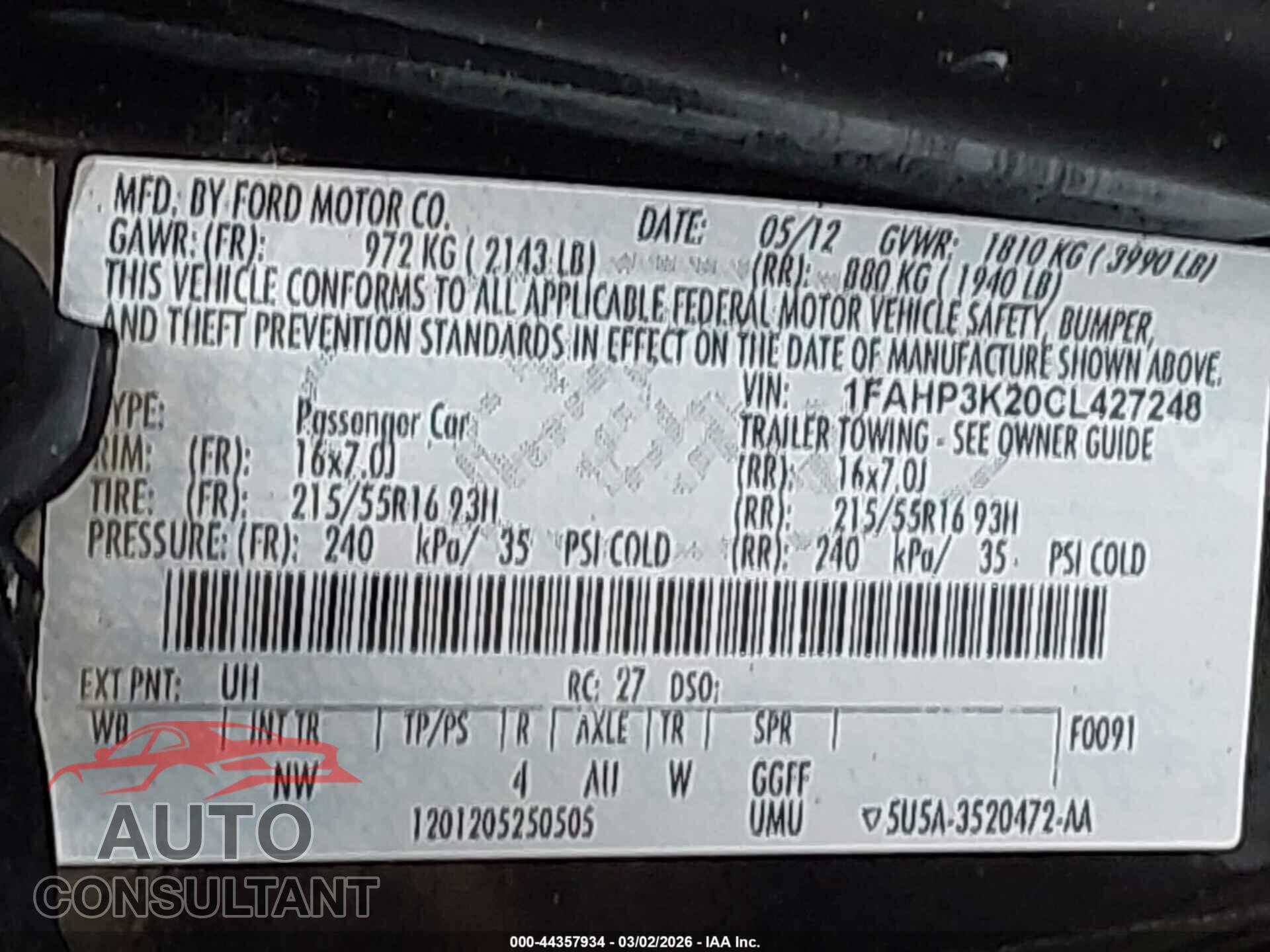 FORD FOCUS 2012 - 1FAHP3K20CL427248