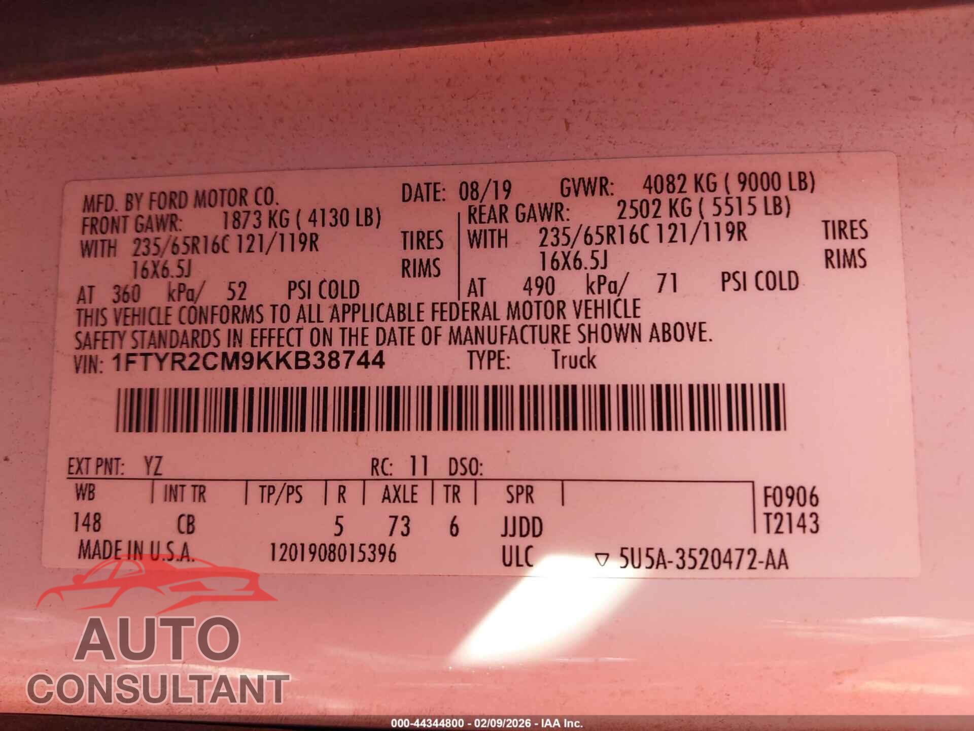 FORD TRANSIT-250 2019 - 1FTYR2CM9KKB38744