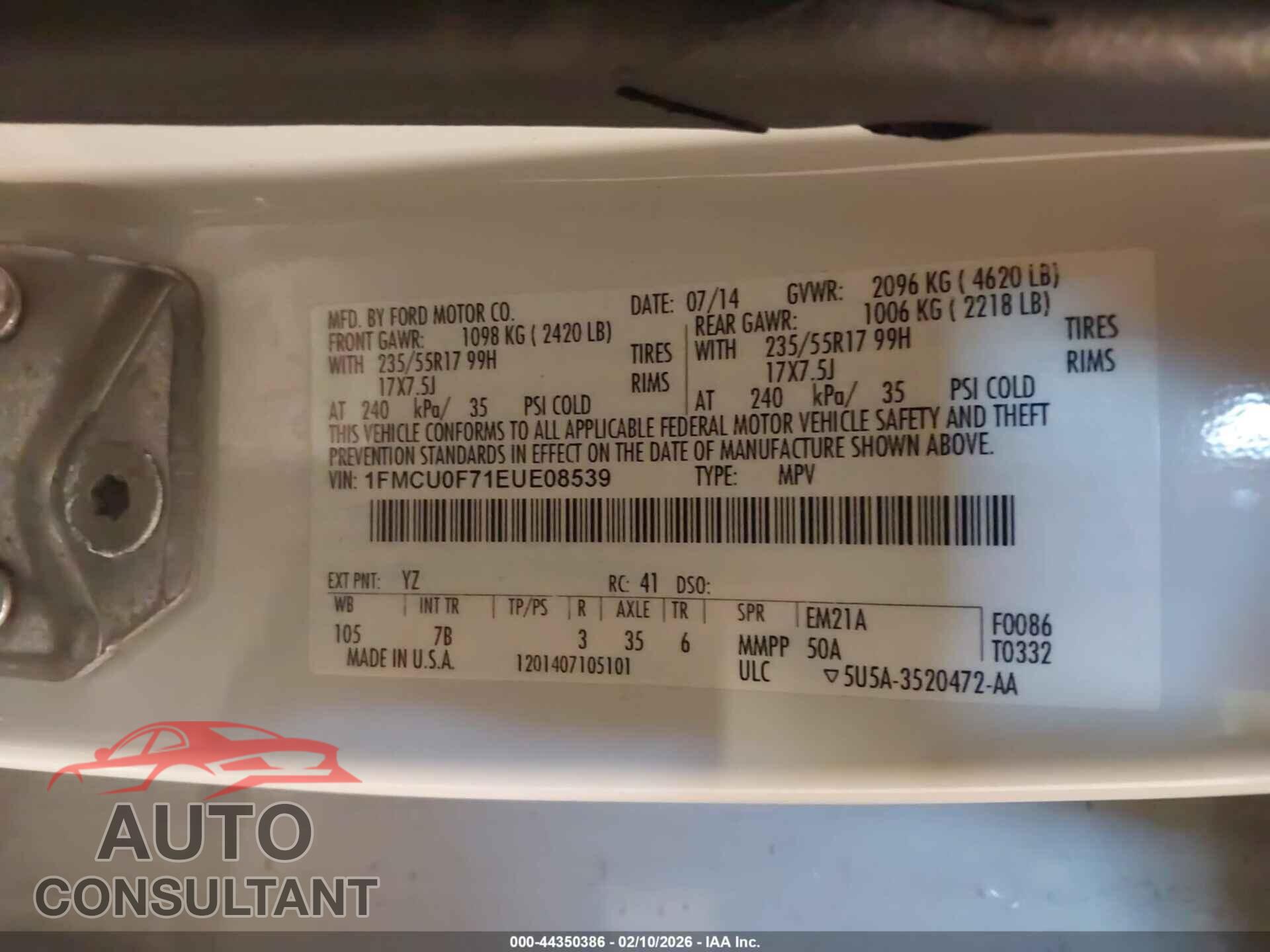 FORD ESCAPE 2014 - 1FMCU0F71EUE08539