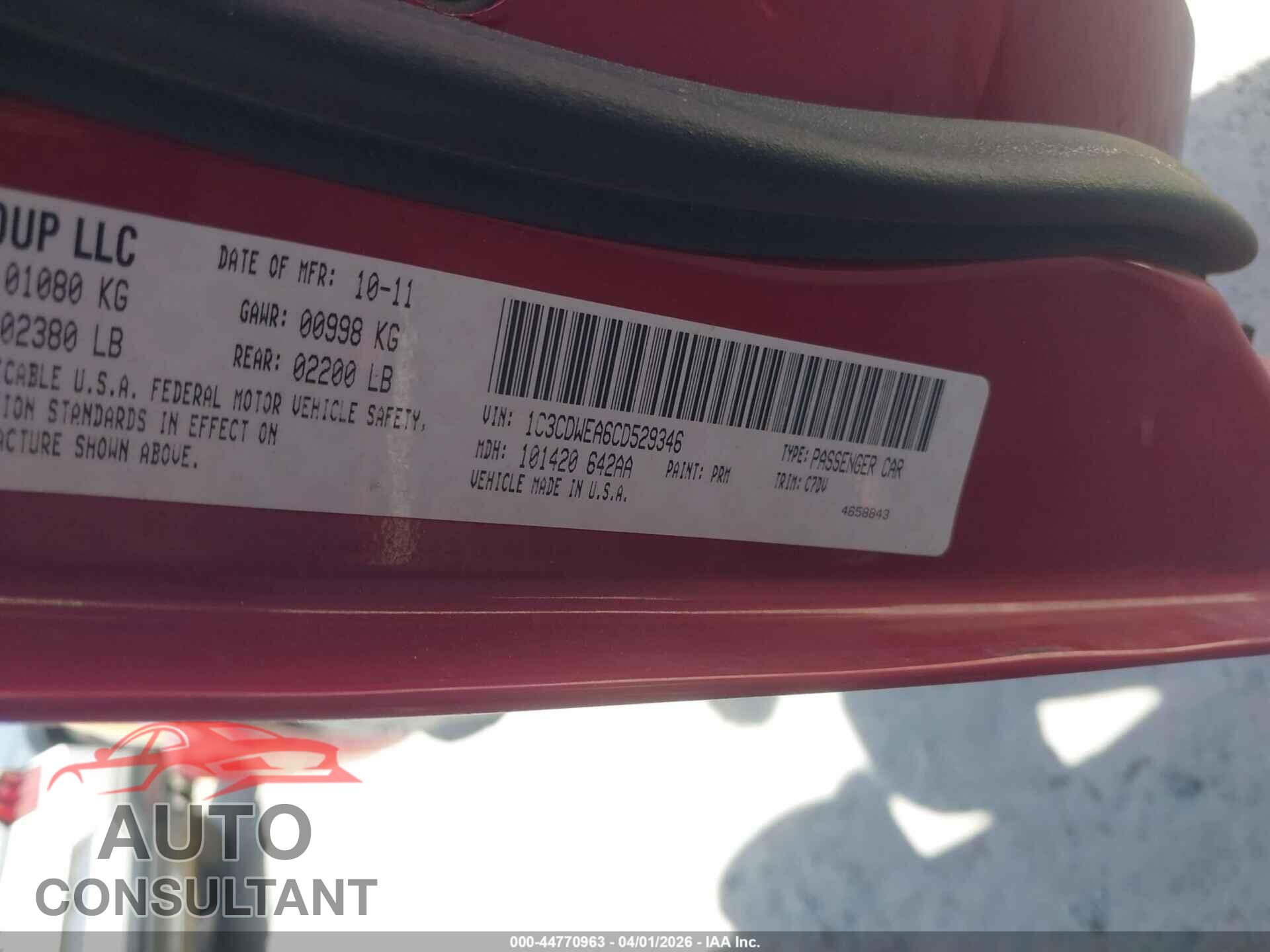 DODGE CALIBER 2012 - 1C3CDWEA6CD529346