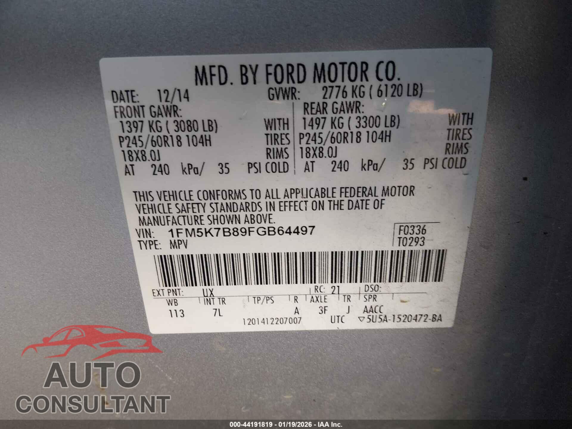 FORD EXPLORER 2015 - 1FM5K7B89FGB64497