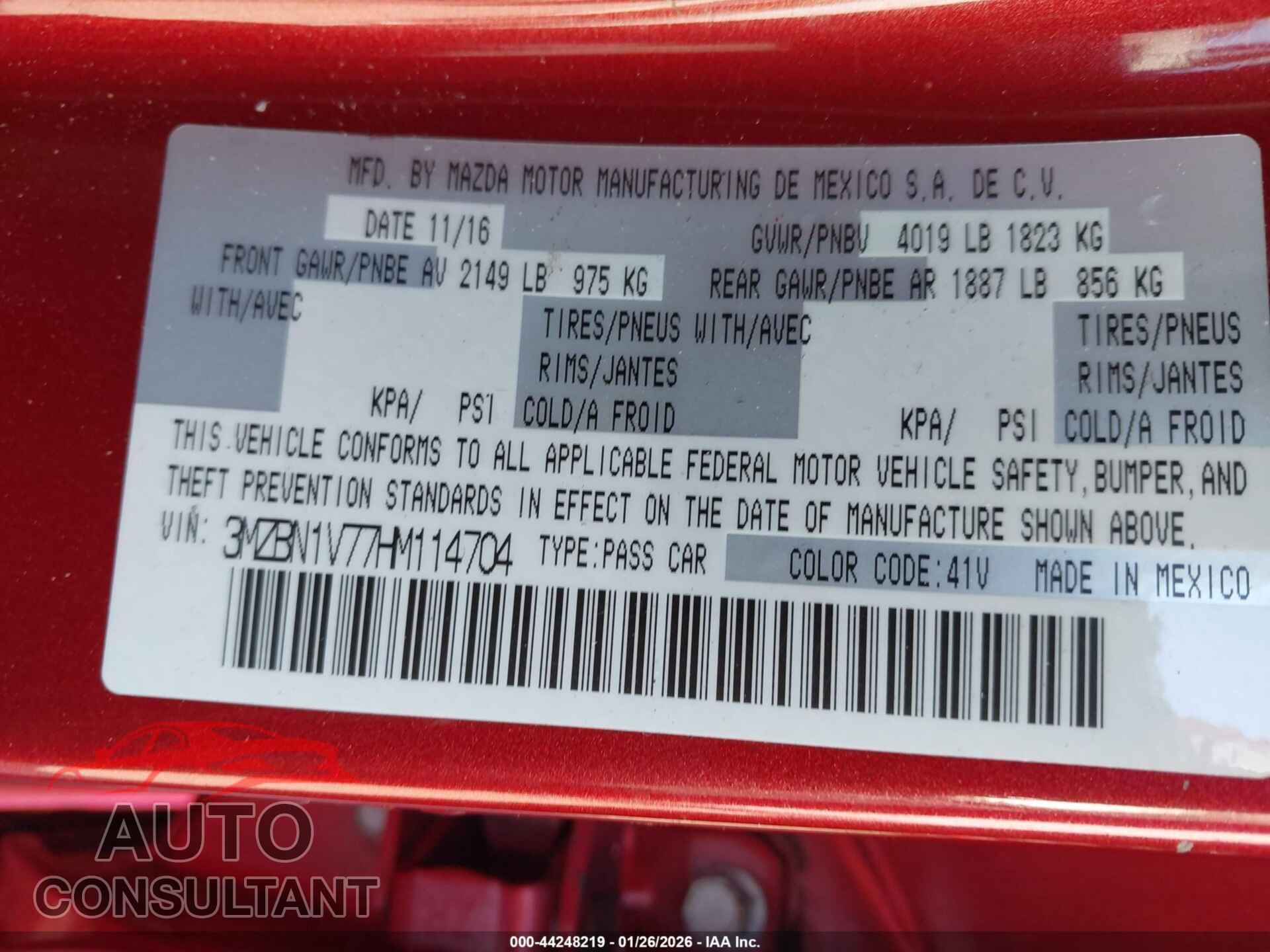 MAZDA MAZDA3 2017 - 3MZBN1V77HM114704