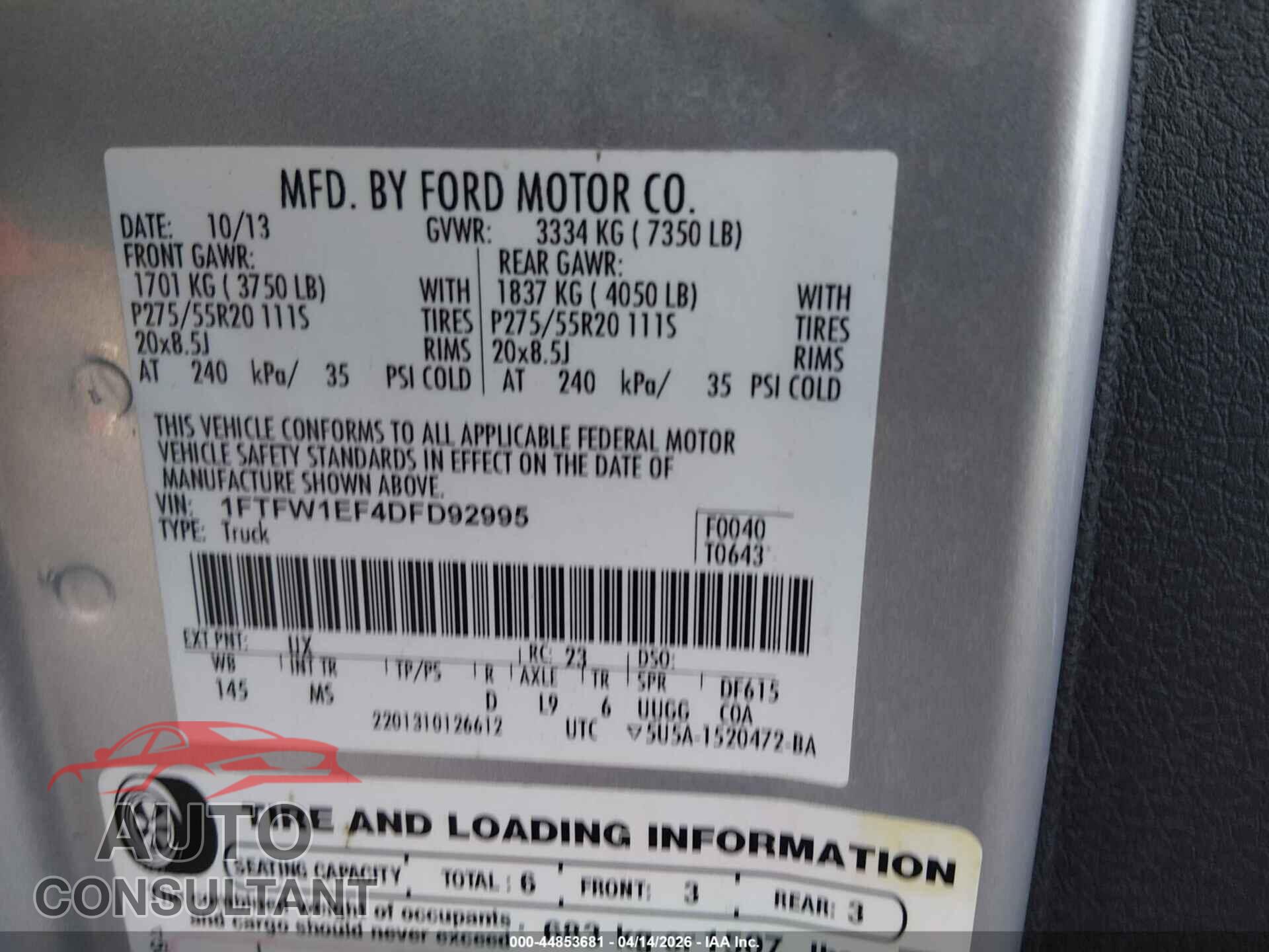 FORD F-150 2013 - 1FTFW1EF4DFD92995