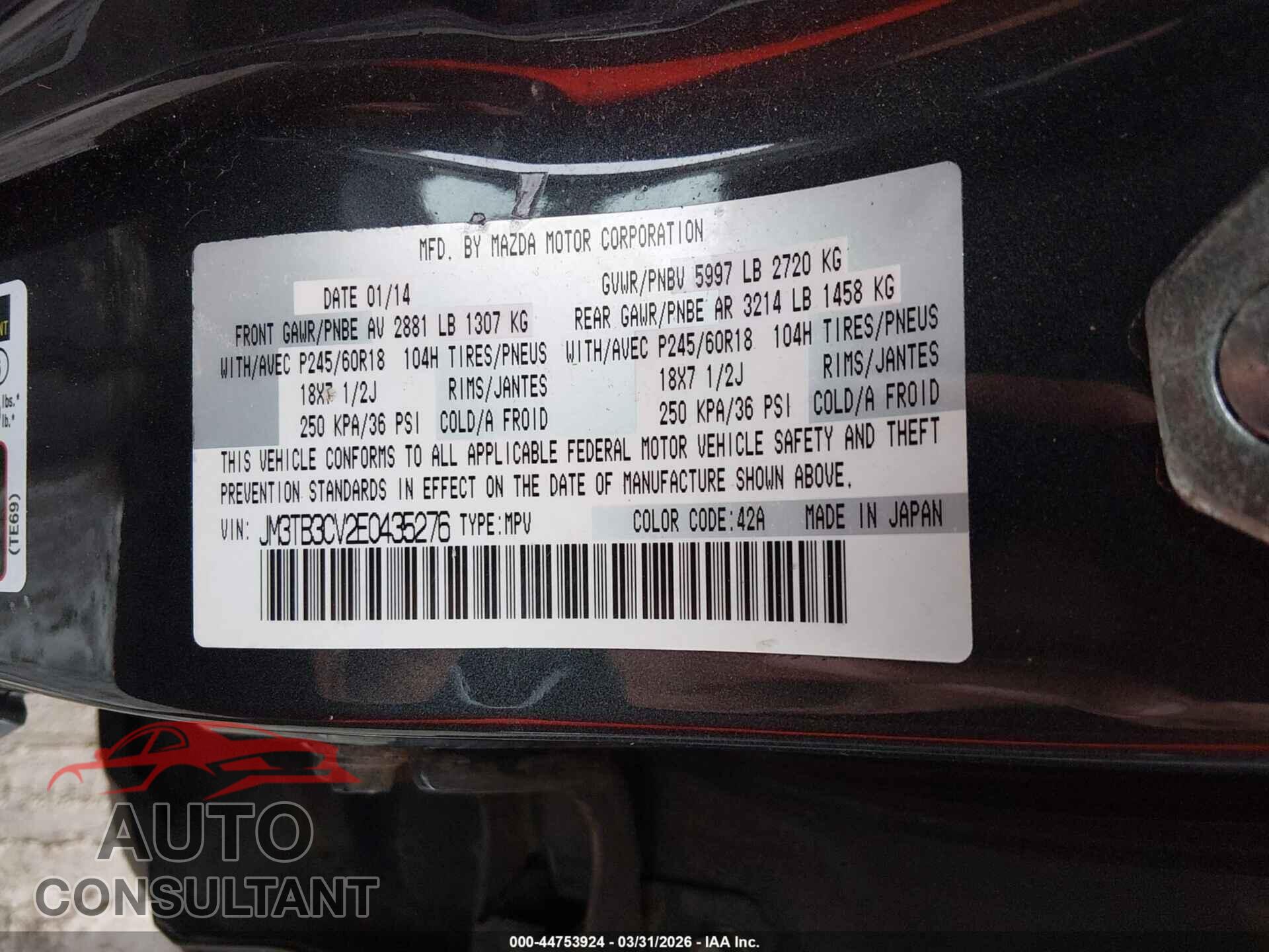MAZDA CX-9 2014 - JM3TB3CV2E0435276