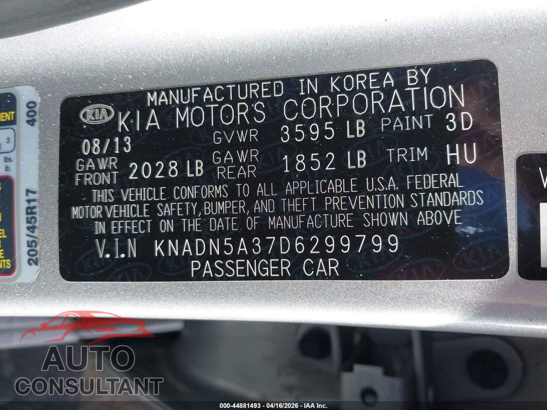 KIA RIO 2013 - KNADN5A37D6299799