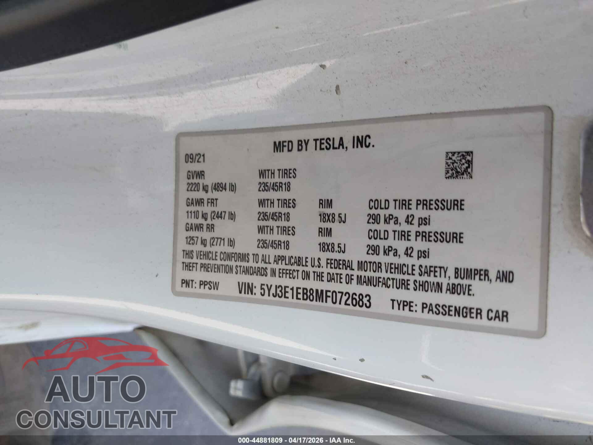TESLA MODEL 3 2021 - 5YJ3E1EB8MF072683
