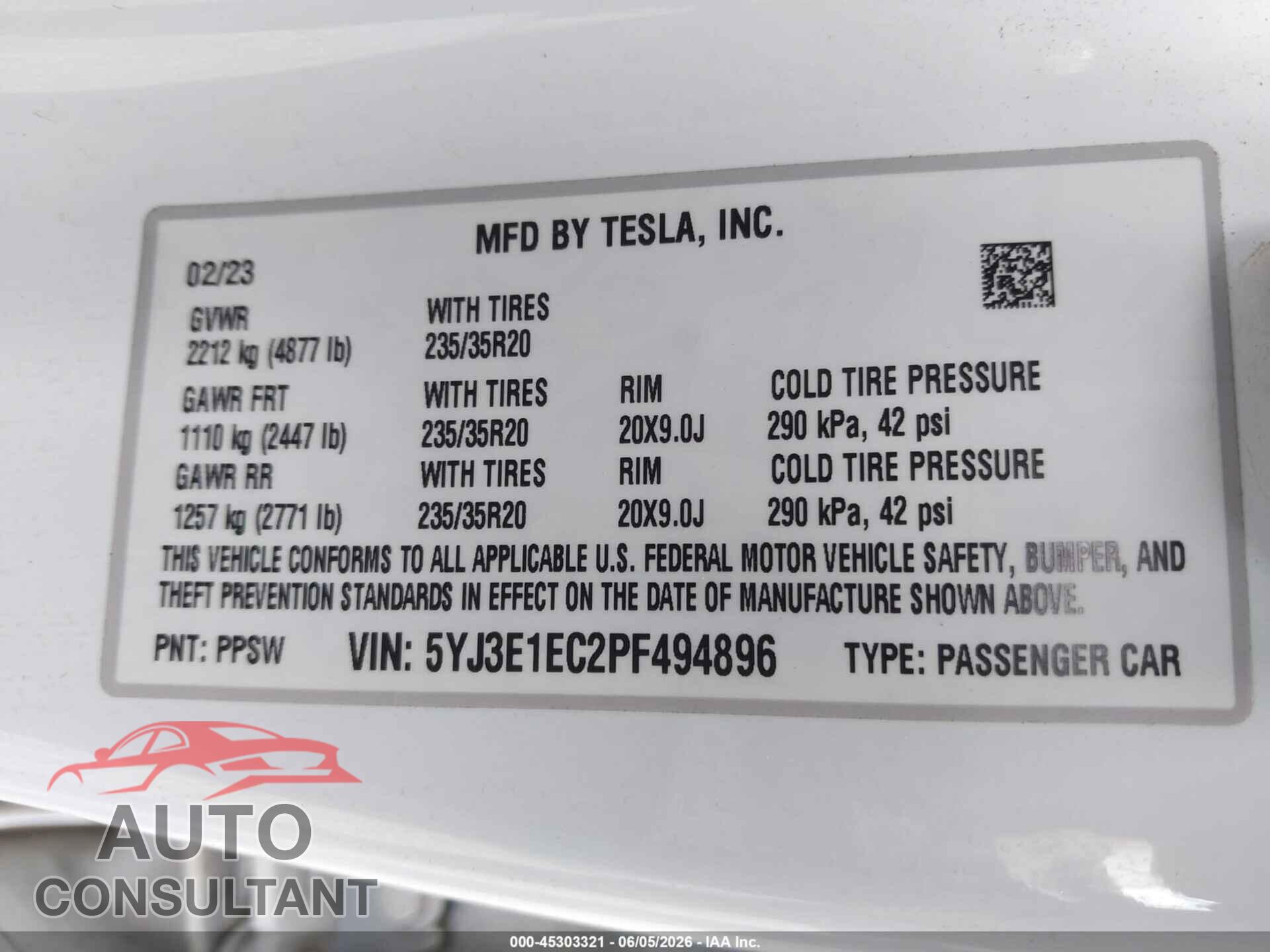 TESLA MODEL 3 2023 - 5YJ3E1EC2PF494896