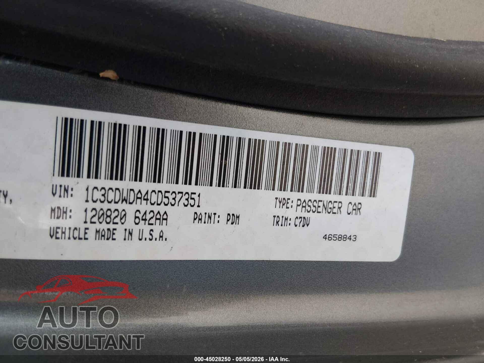 DODGE CALIBER 2012 - 1C3CDWDA4CD537351