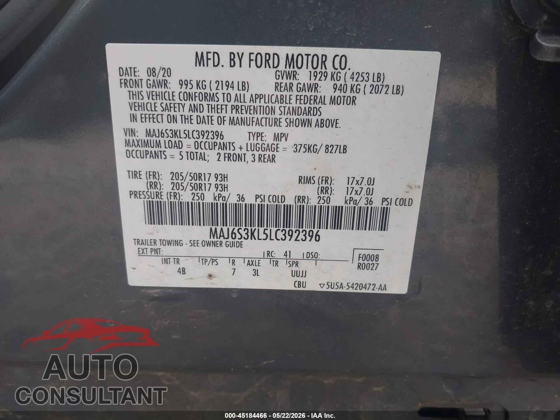 FORD ECOSPORT 2020 - MAJ6S3KL5LC392396