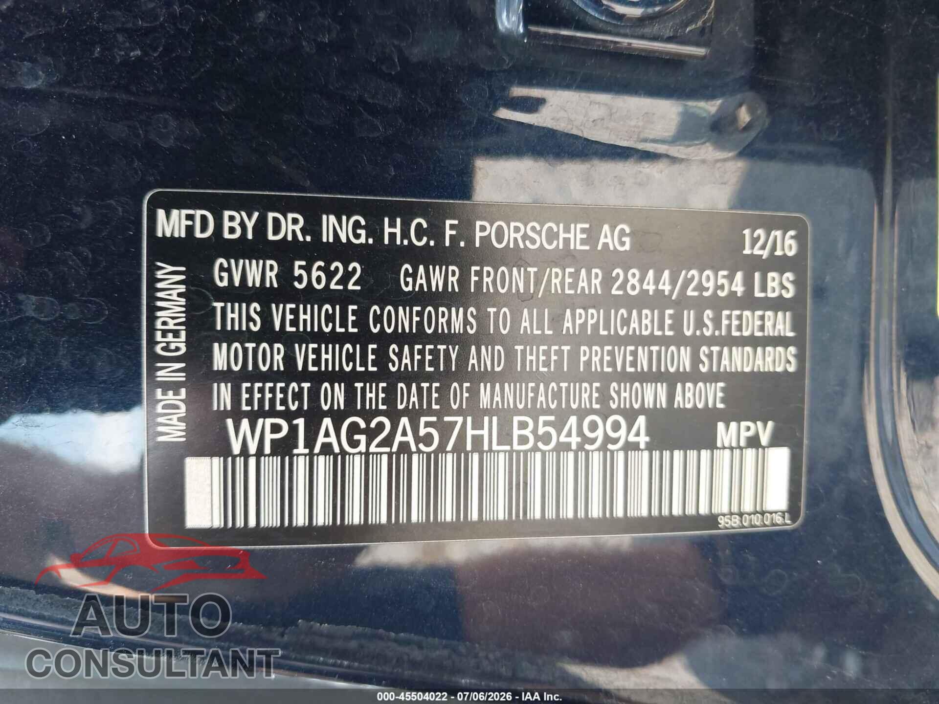 PORSCHE MACAN 2017 - WP1AG2A57HLB54994