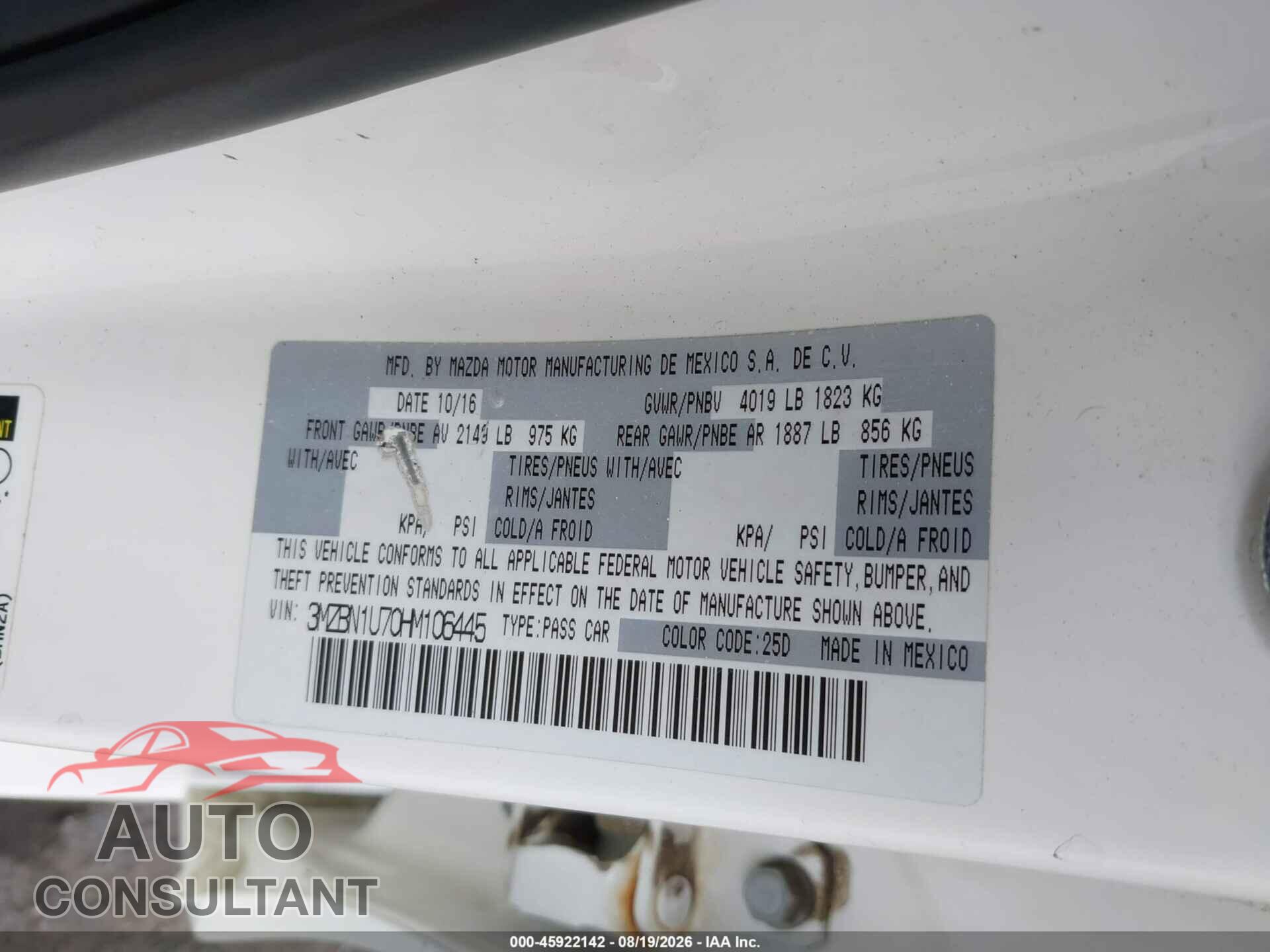 MAZDA MAZDA3 2017 - 3MZBN1U70HM106445