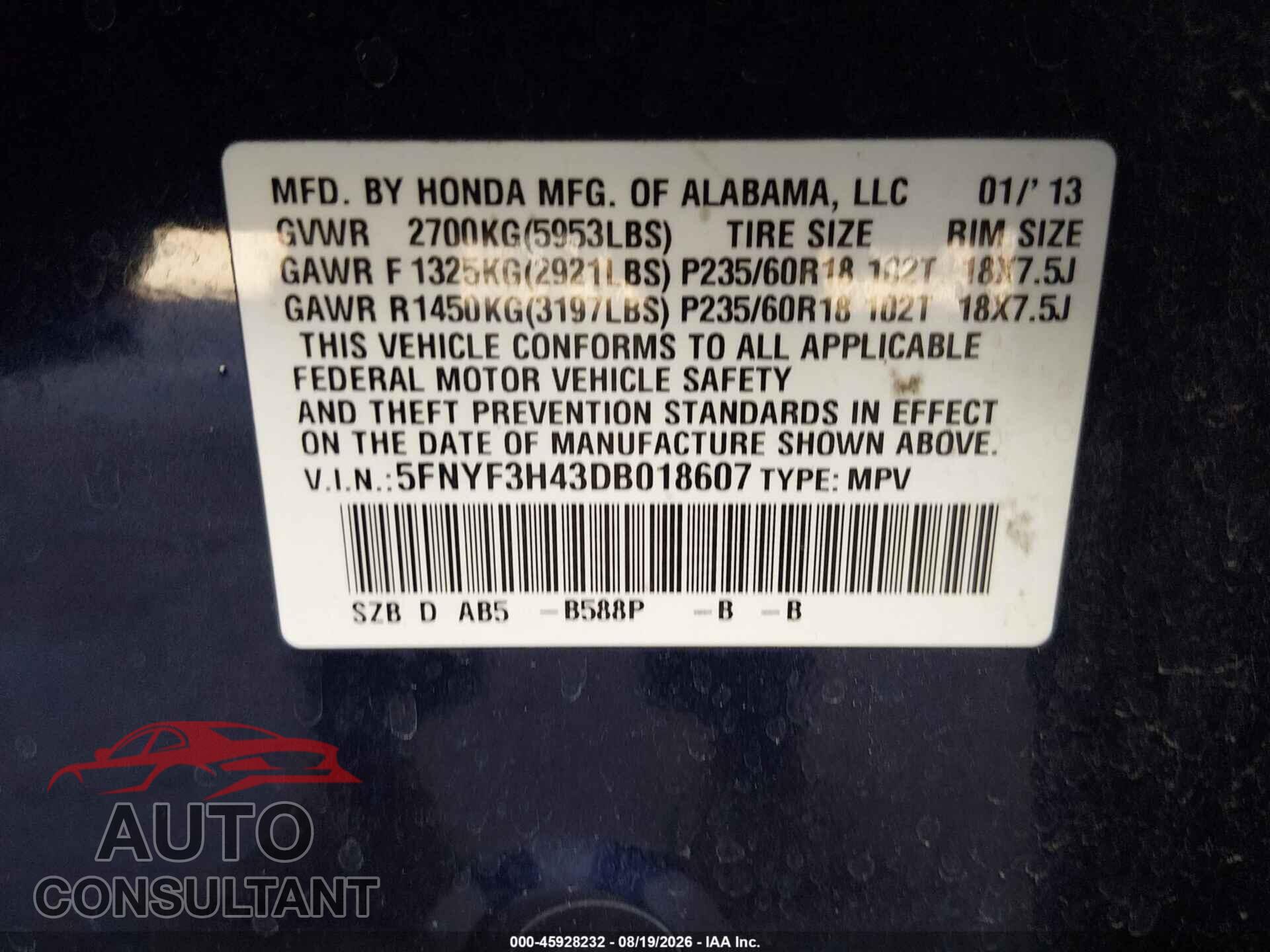 HONDA PILOT 2013 - 5FNYF3H43DB018607