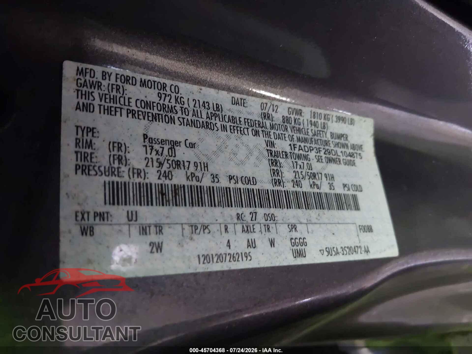 FORD FOCUS 2013 - 1FADP3F29DL104875