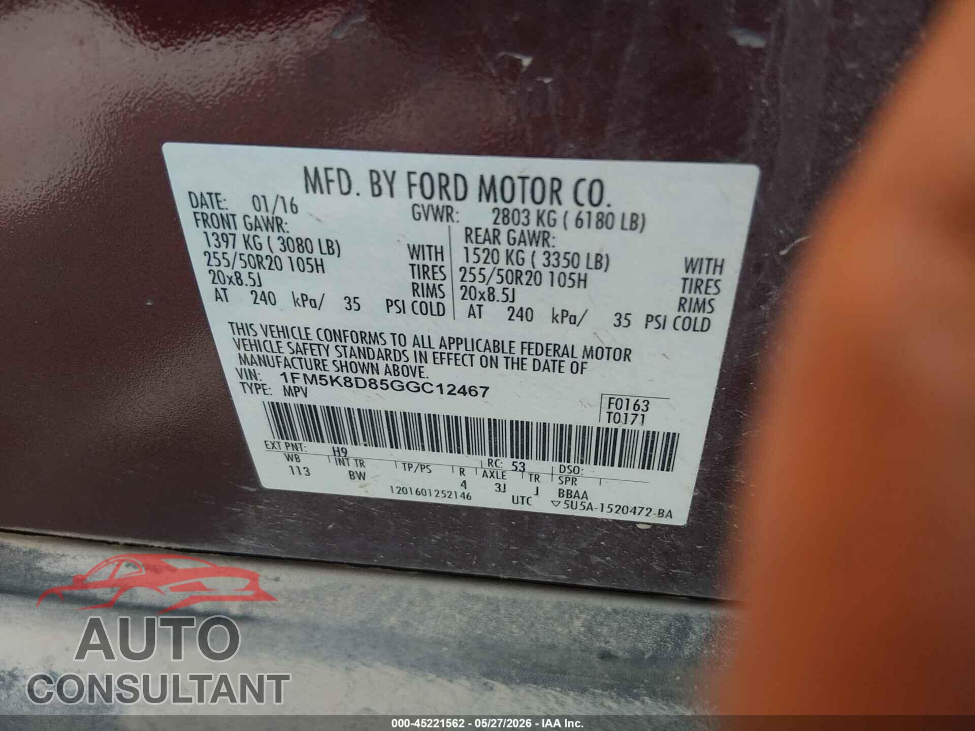 FORD EXPLORER 2016 - 1FM5K8D85GGC12467