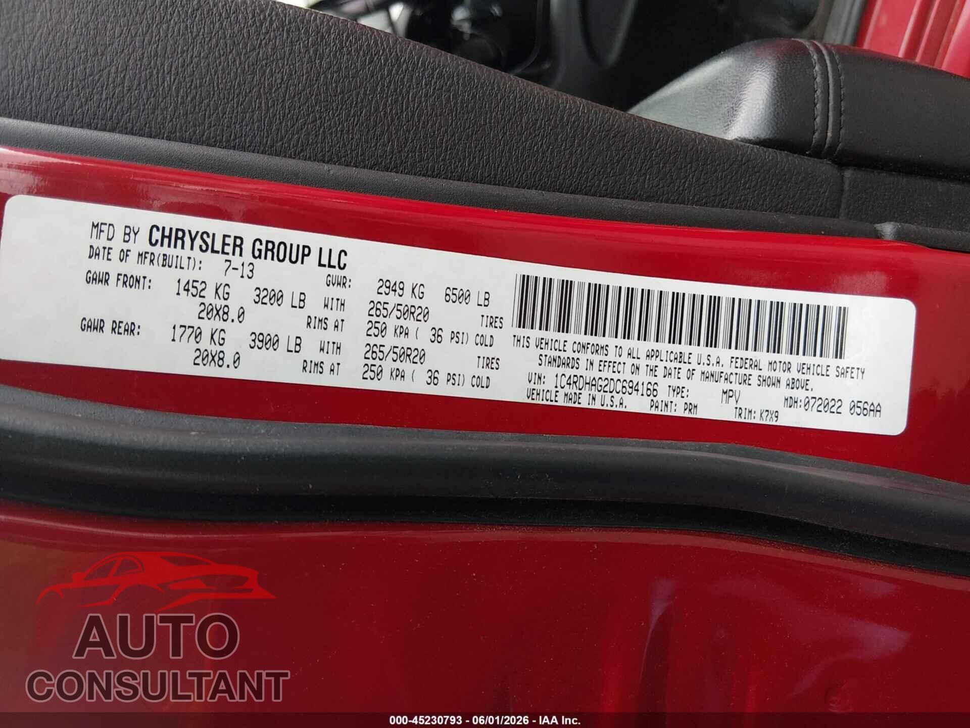DODGE DURANGO 2013 - 1C4RDHAG2DC694166