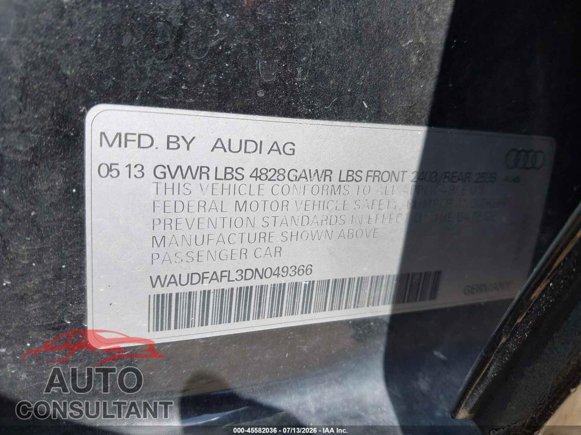 AUDI A4 2013 - WAUDFAFL3DN049366