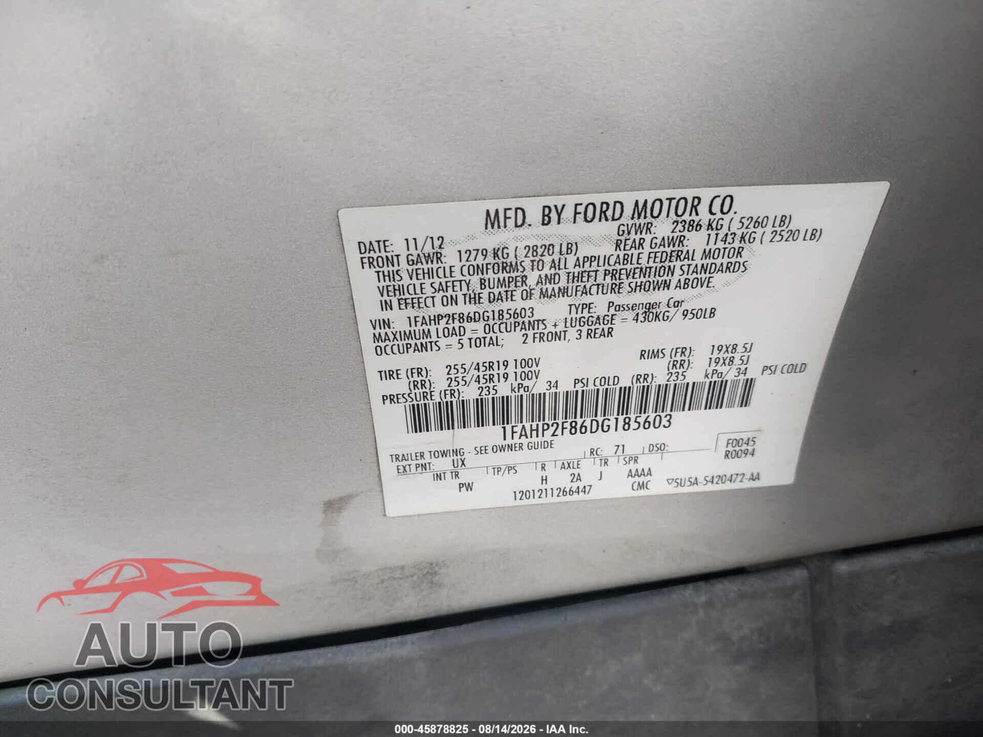 FORD TAURUS 2013 - 1FAHP2F86DG185603