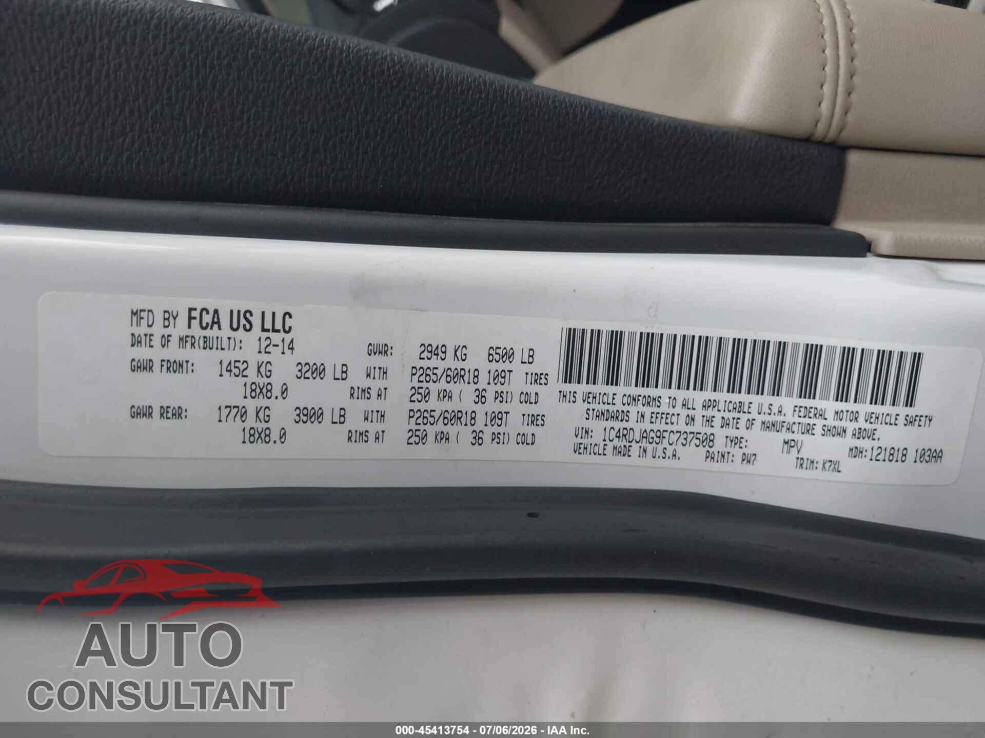 DODGE DURANGO 2015 - 1C4RDJAG9FC737508