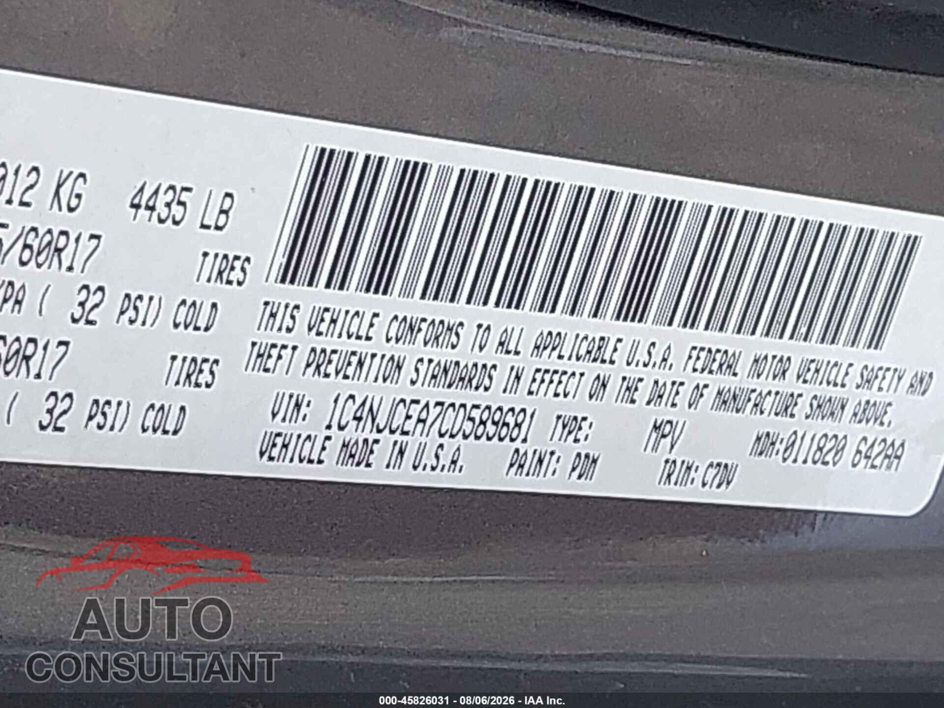 JEEP COMPASS 2012 - 1C4NJCEA7CD589681