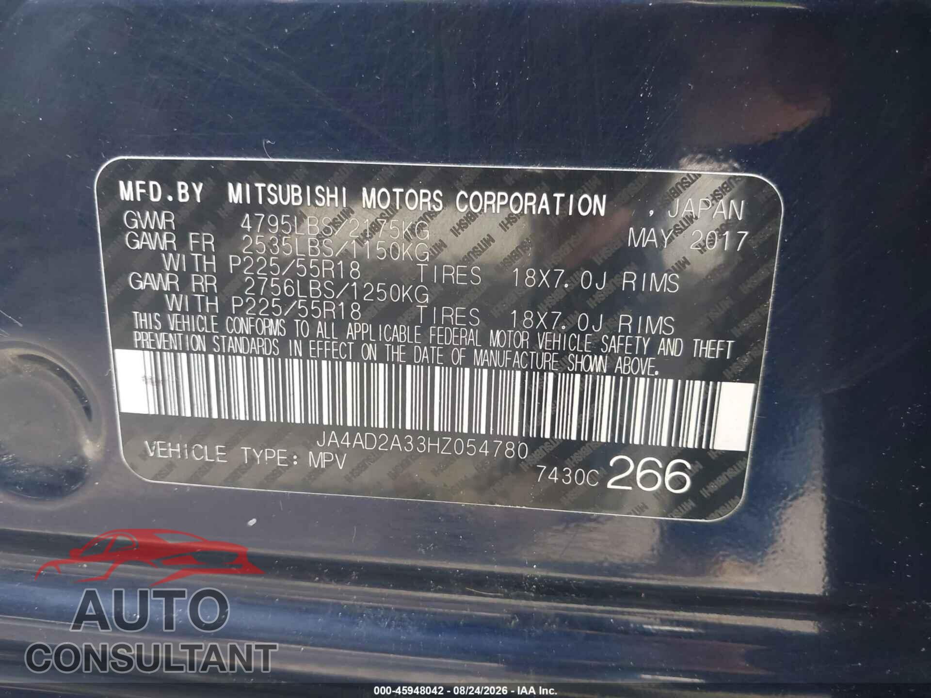 MITSUBISHI OUTLANDER 2017 - JA4AD2A33HZ054780