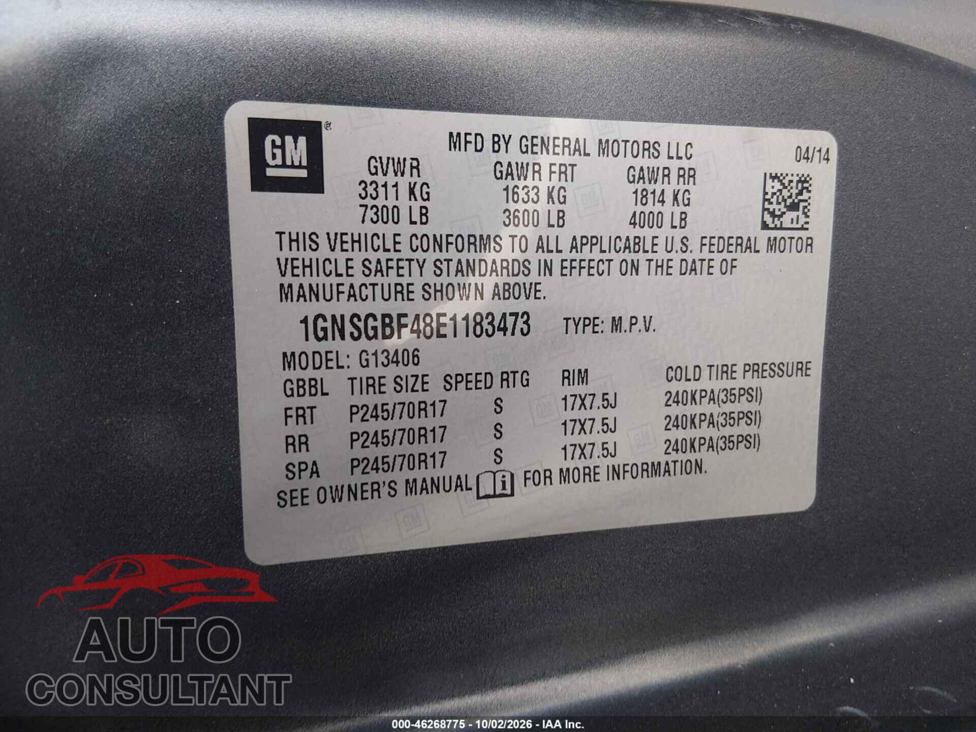 CHEVROLET EXPRESS 1500 2014 - 1GNSGBF48E1183473