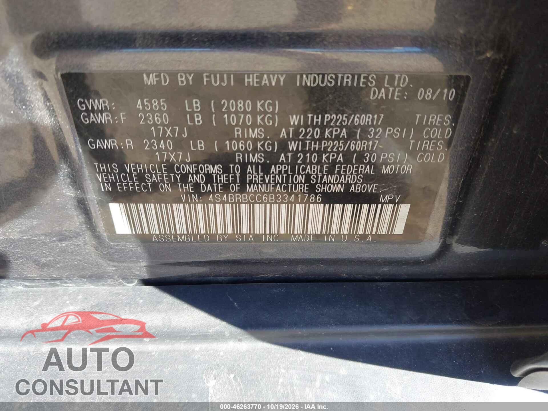 SUBARU OUTBACK 2011 - 4S4BRBCC6B3341786