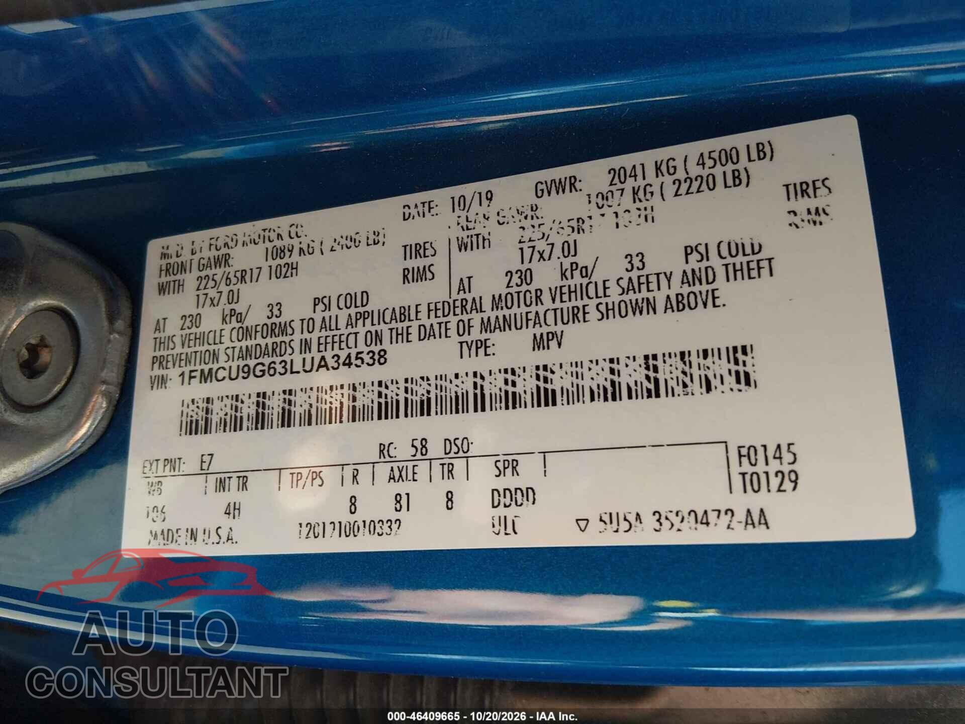 FORD ESCAPE 2020 - 1FMCU9G63LUA34538