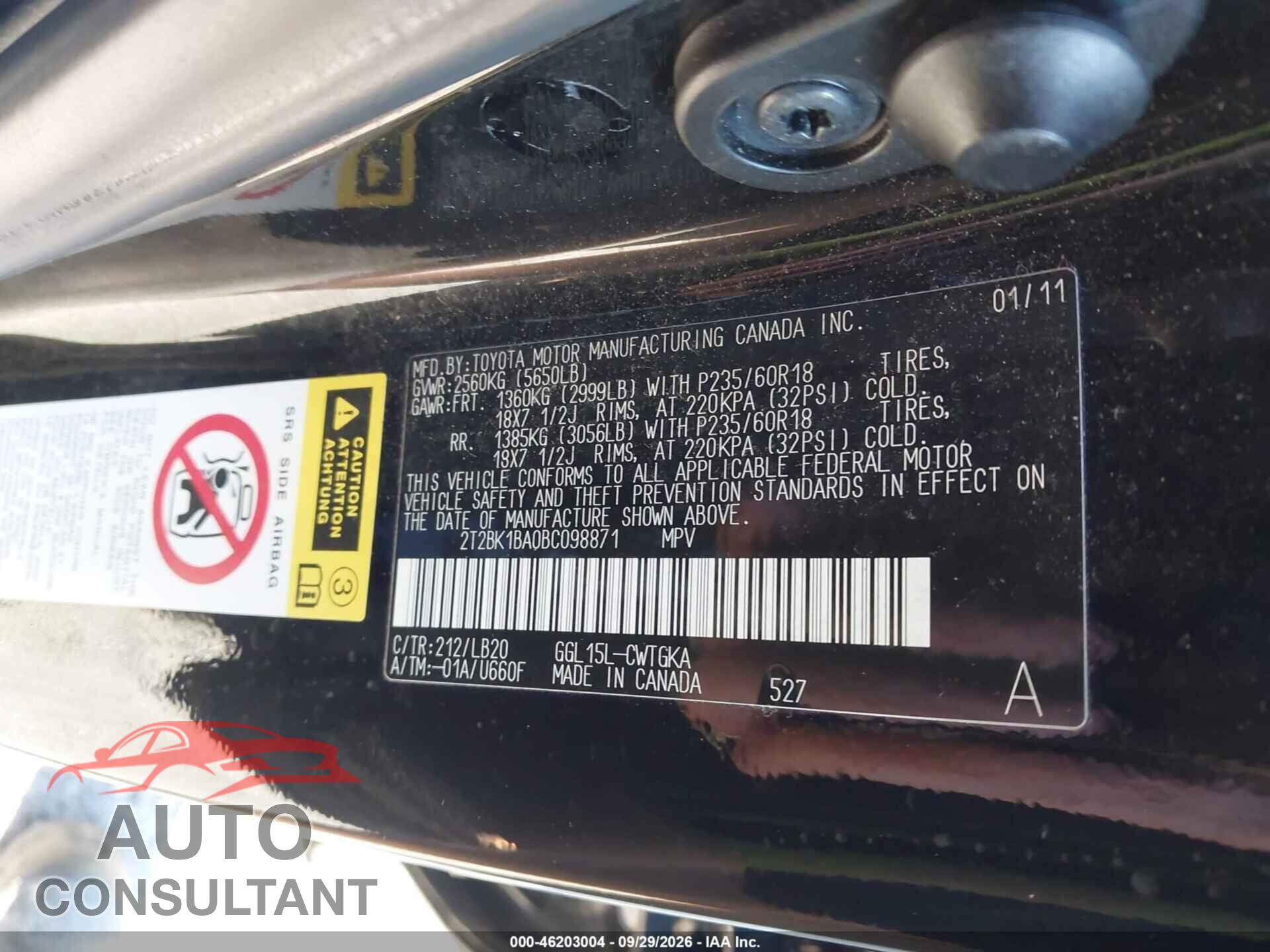 LEXUS RX 350 2011 - 2T2BK1BA0BC098871