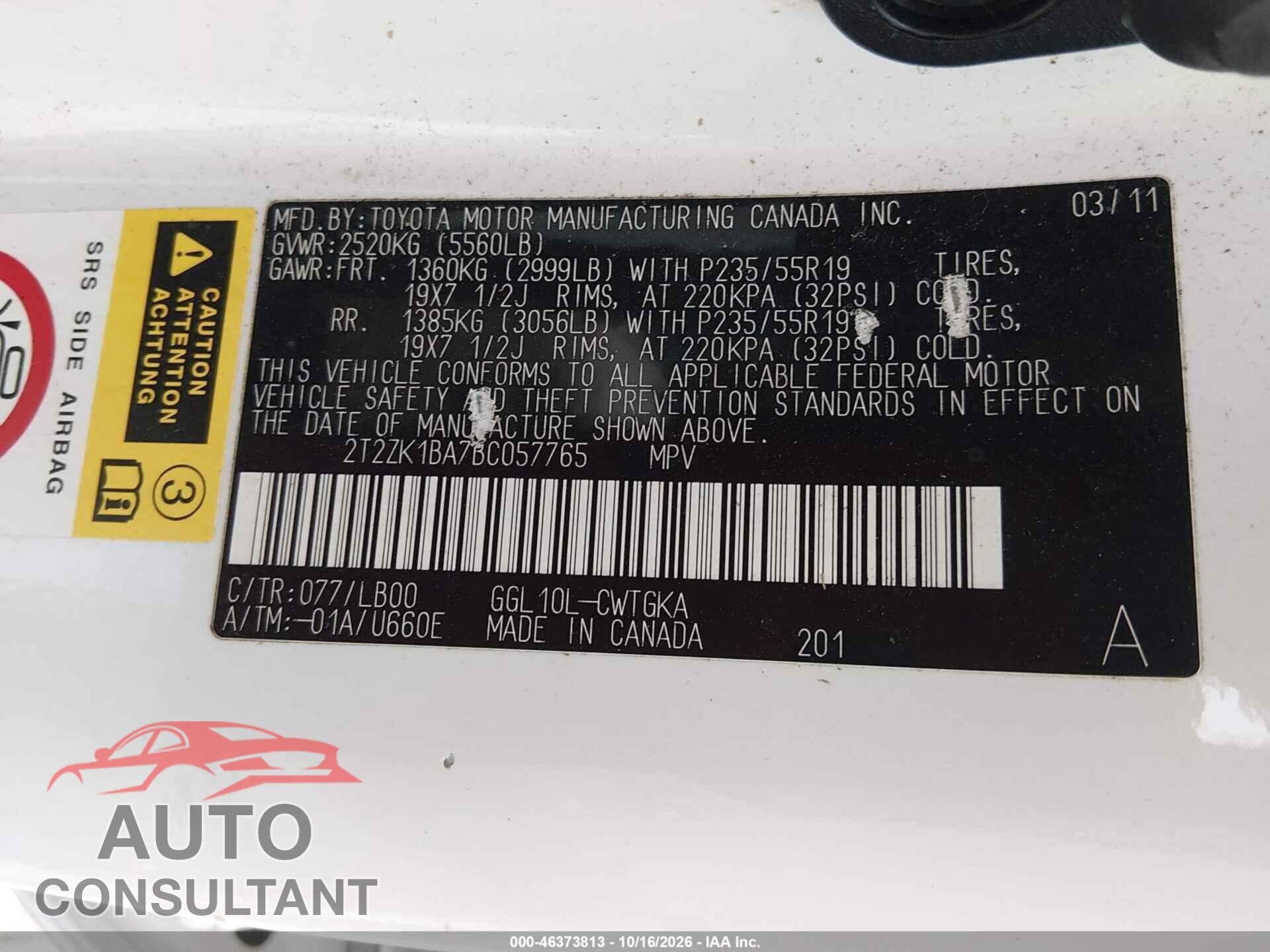LEXUS RX 2011 - 2T2ZK1BA7BC057765