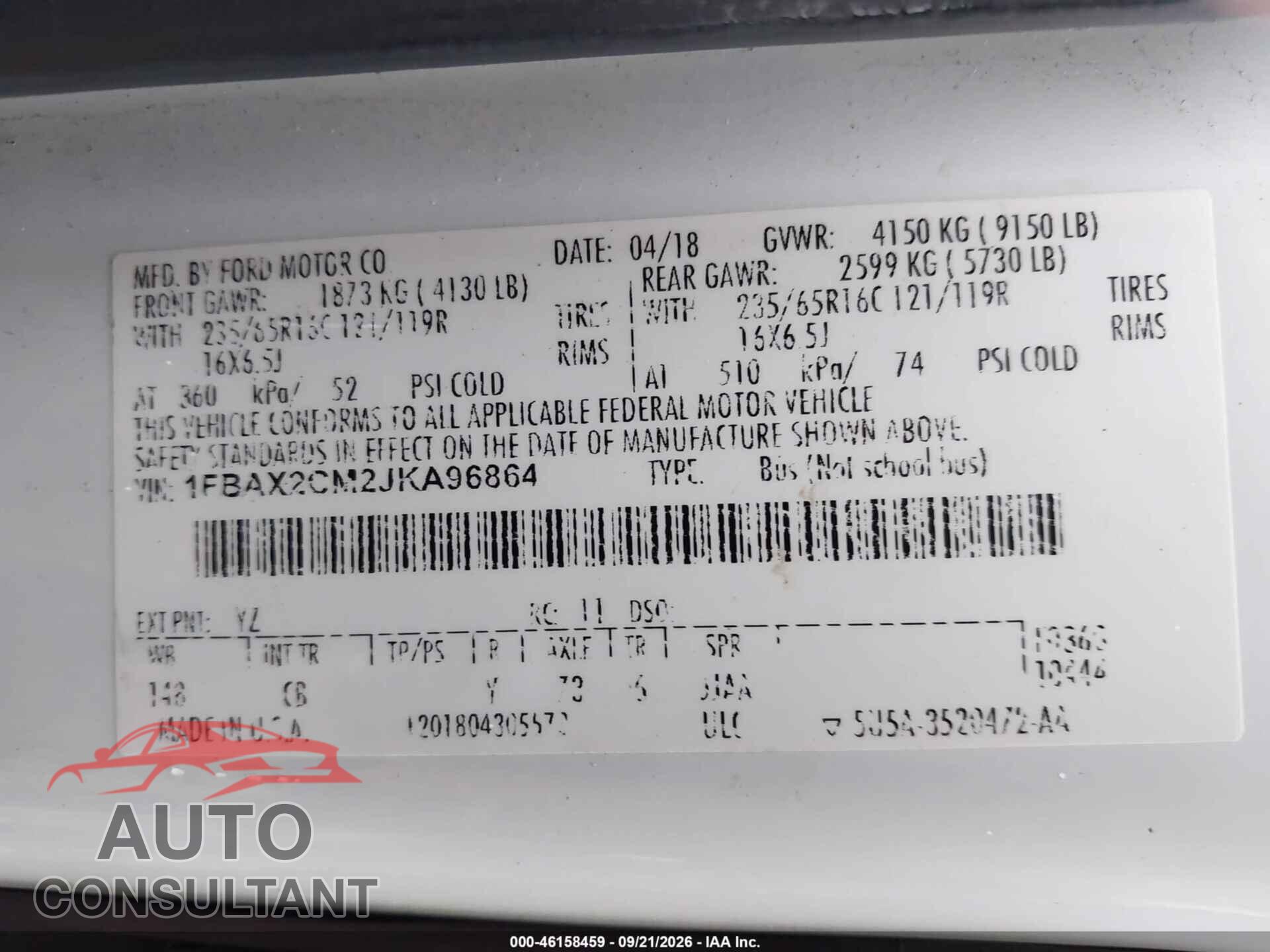 FORD TRANSIT-350 2018 - 1FBAX2CM2JKA96864