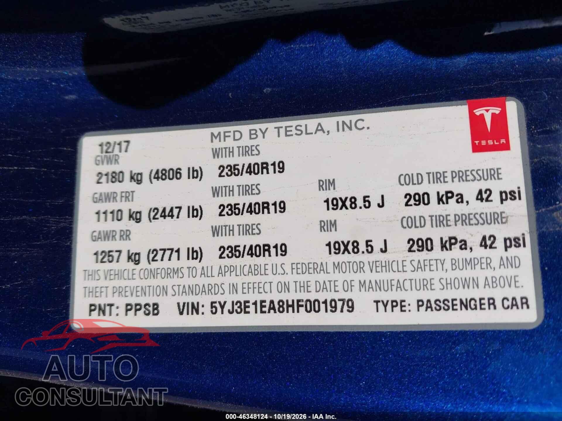 TESLA MODEL 3 2017 - 5YJ3E1EA8HF001979