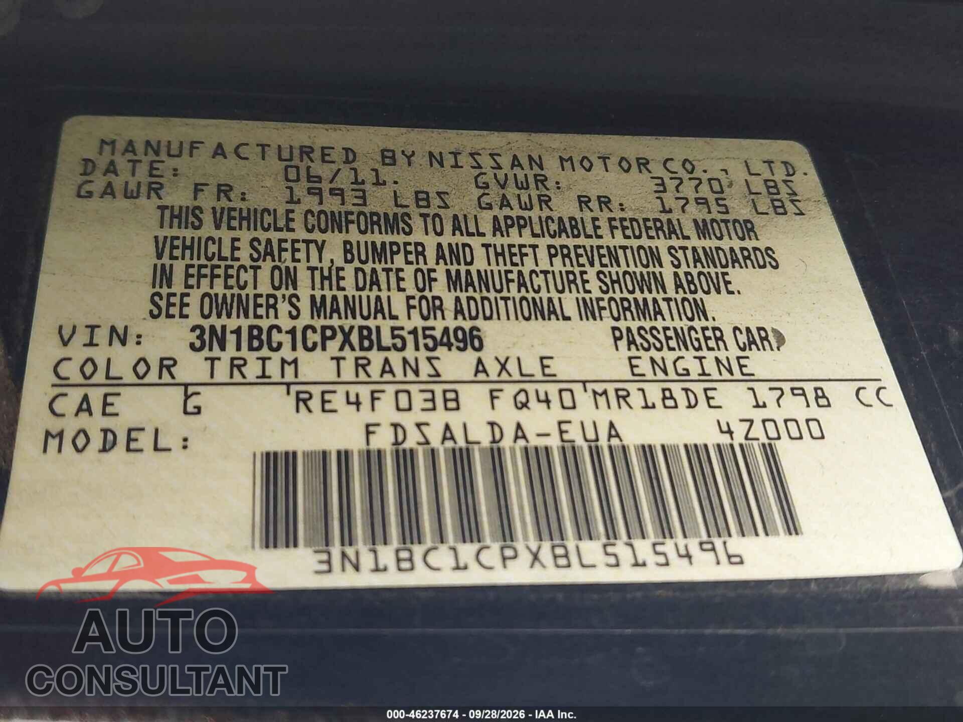NISSAN VERSA 2011 - 3N1BC1CPXBL515496